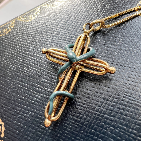 antique 18K gold cross pendant with snake