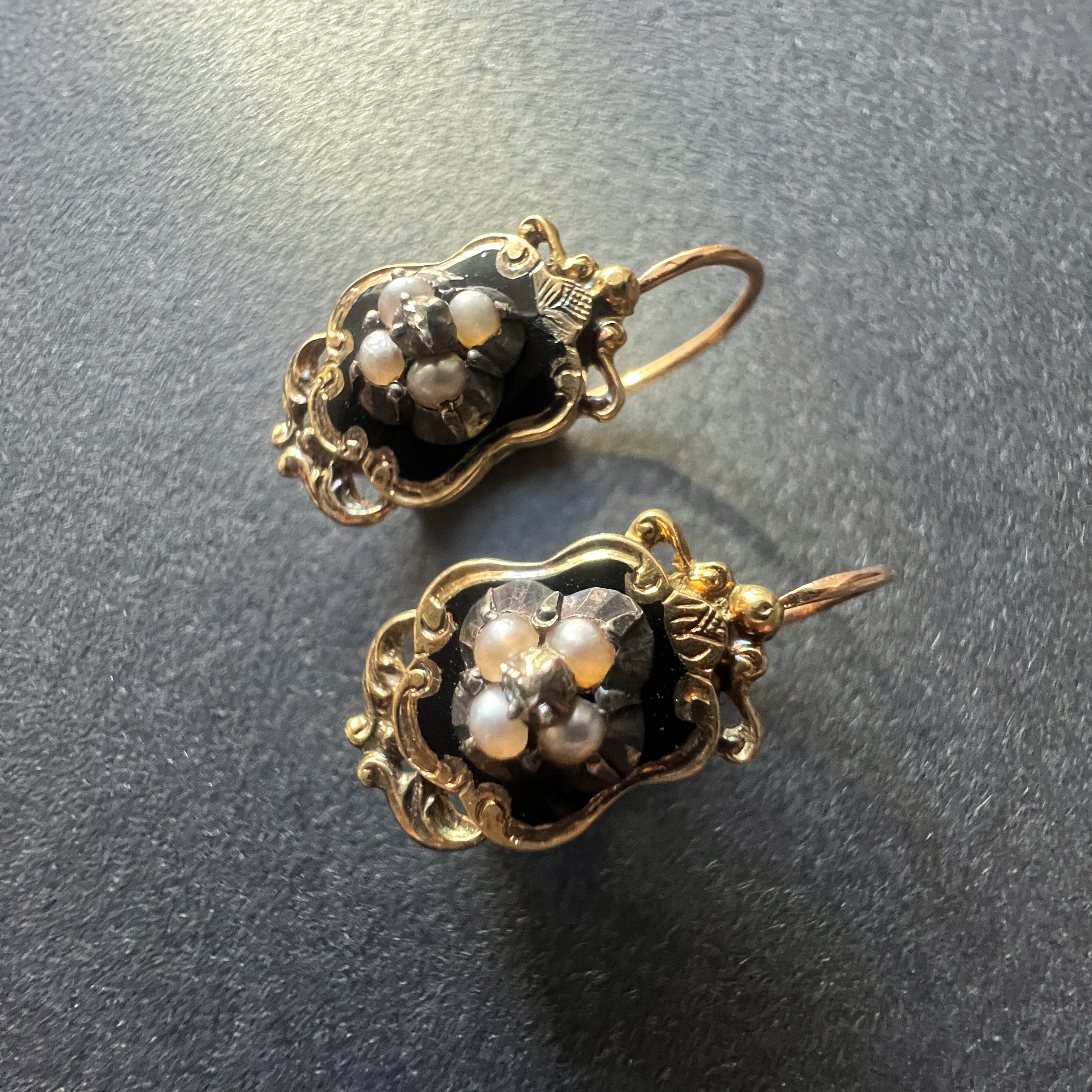 Victorian era 18K Gold Black Enamel Pearl Diamond Earrings