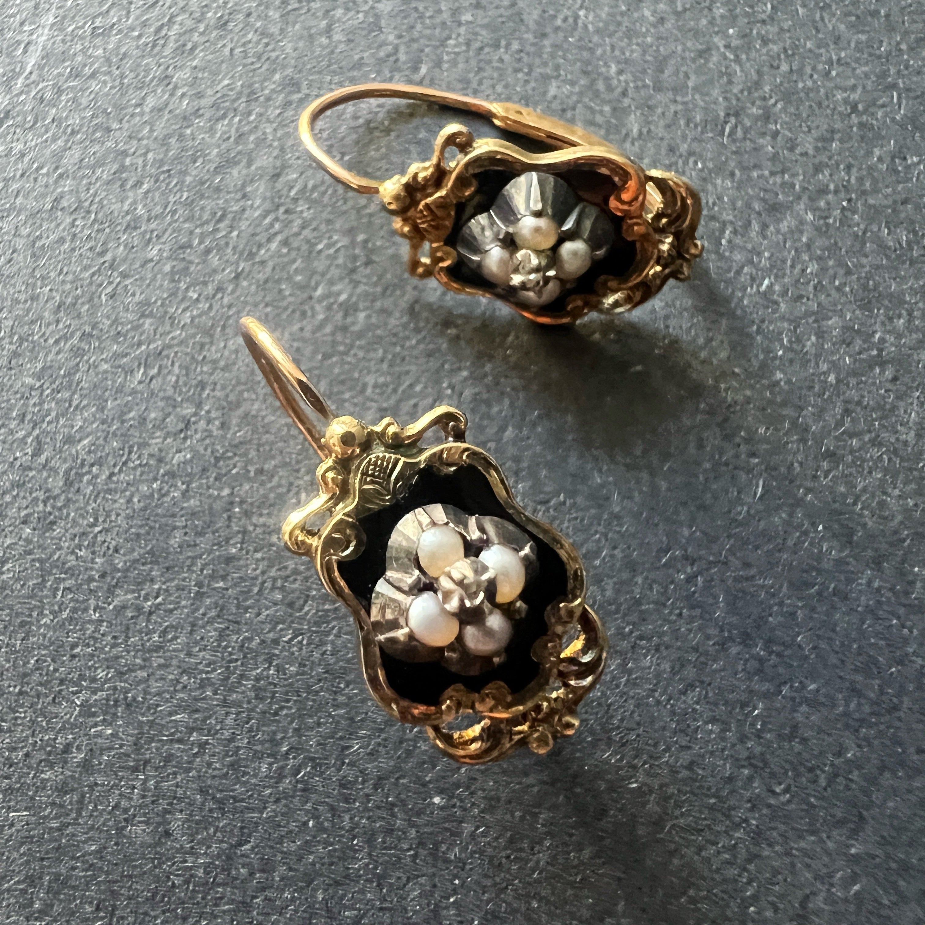 Victorian era 18K Gold Black Enamel Pearl Diamond Earrings