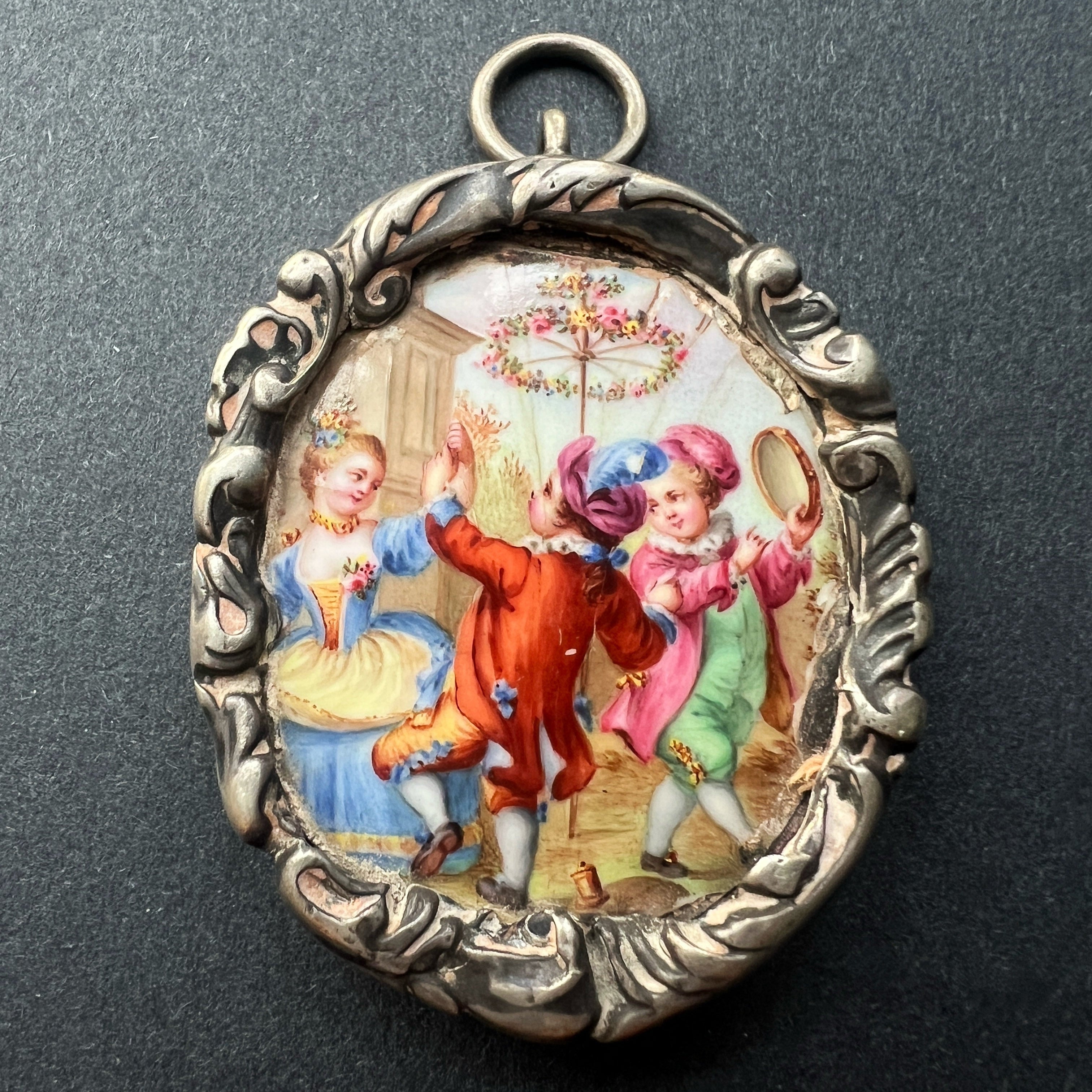 Georgian era French Silver Pendant with Enamel Dancing Scene
