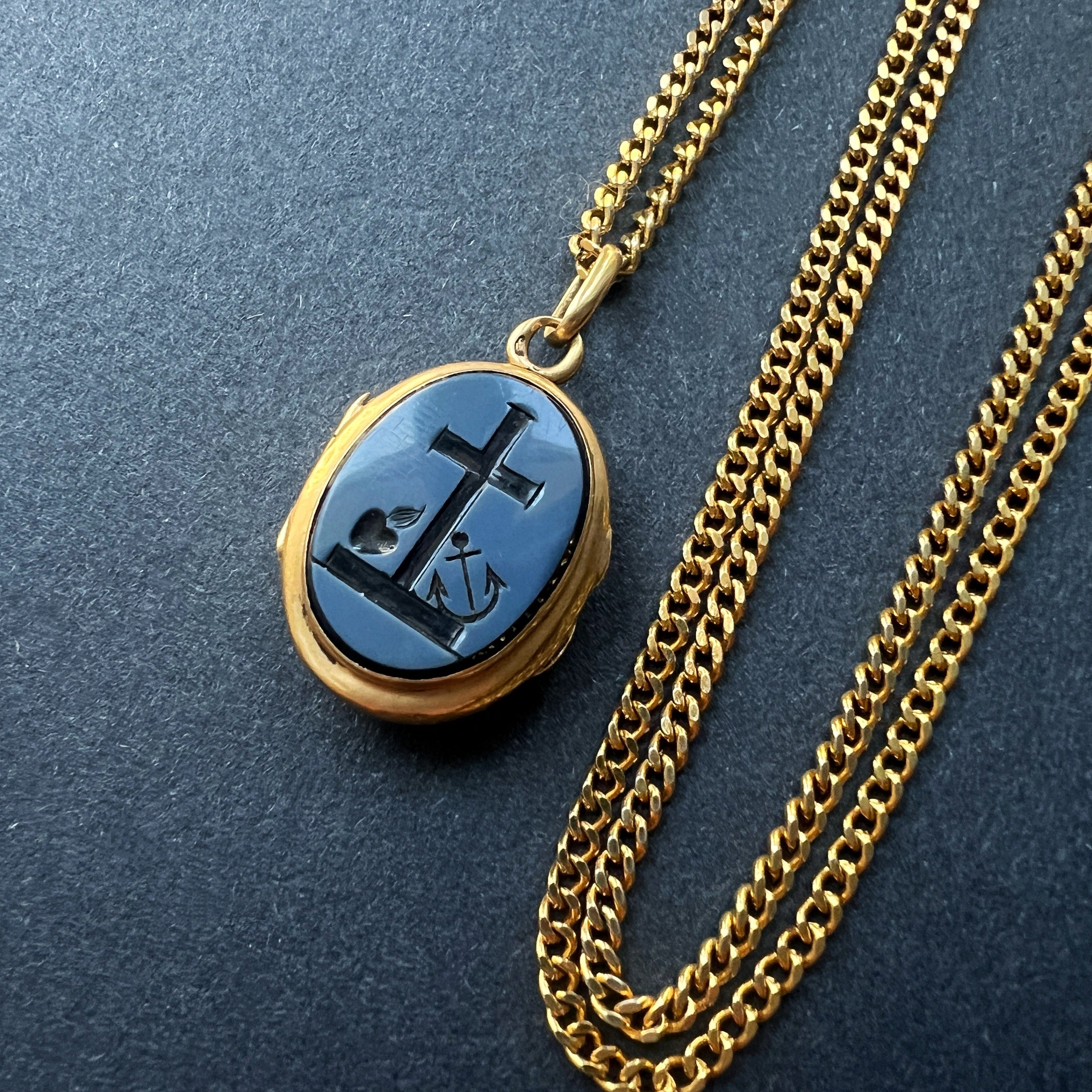 Victorian 18K Gold Faith, Hope & Charity agate intaglio Locket Pendant