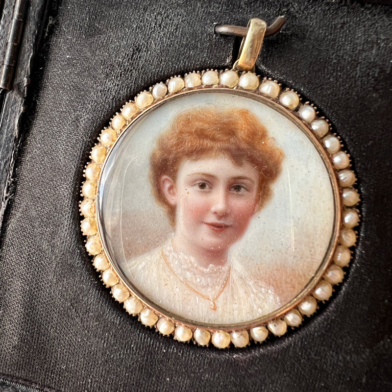 Boxed Victorian era gold pearl miniature portrait pendant