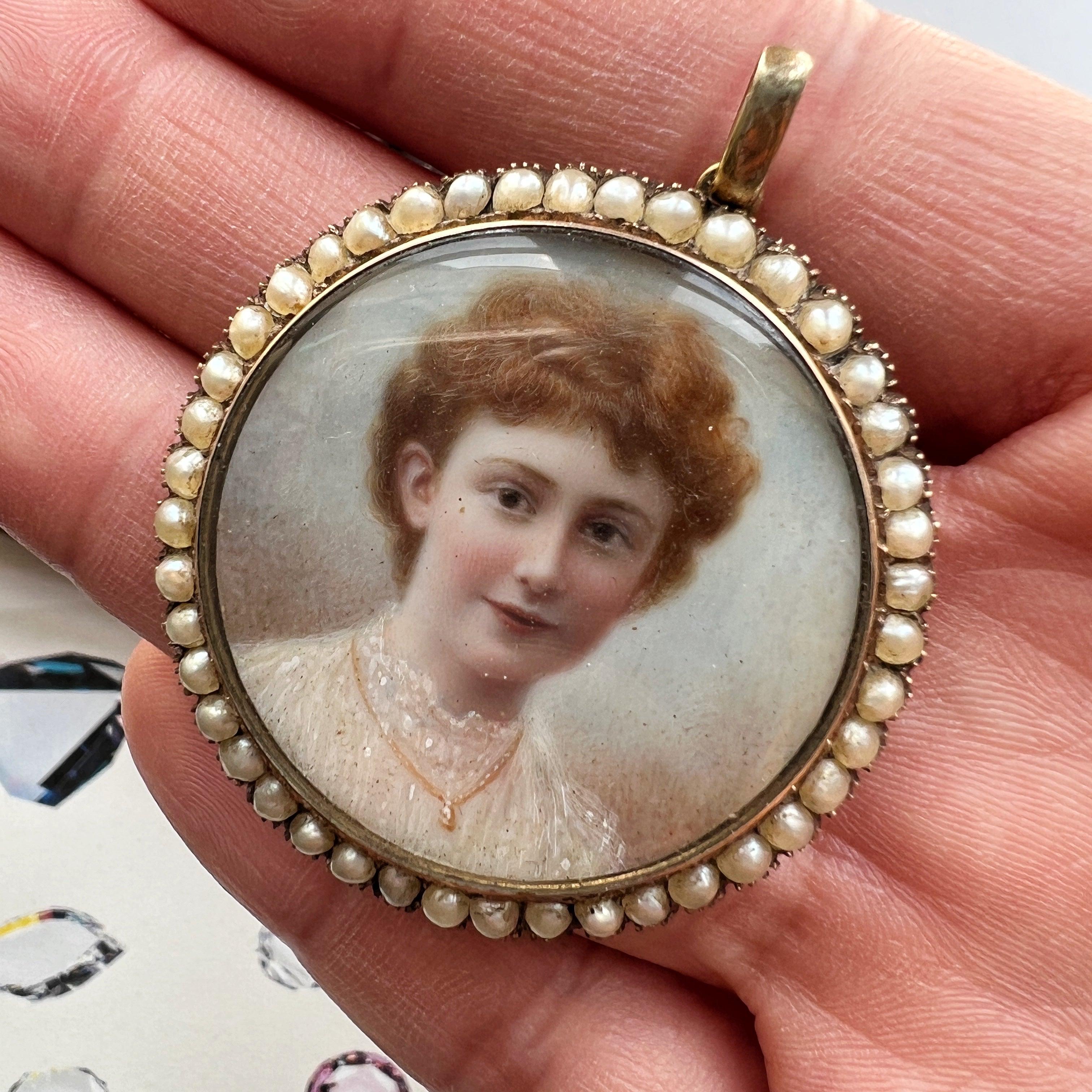 Boxed Victorian era gold pearl miniature portrait pendant - Curiously timeless