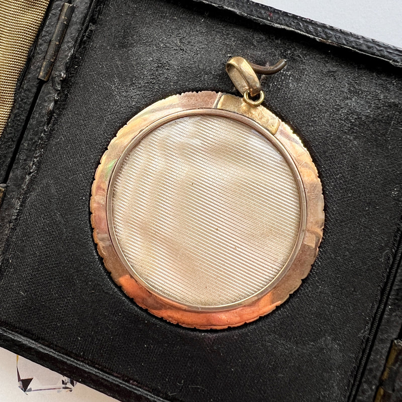 Boxed Victorian era gold pearl miniature portrait pendant