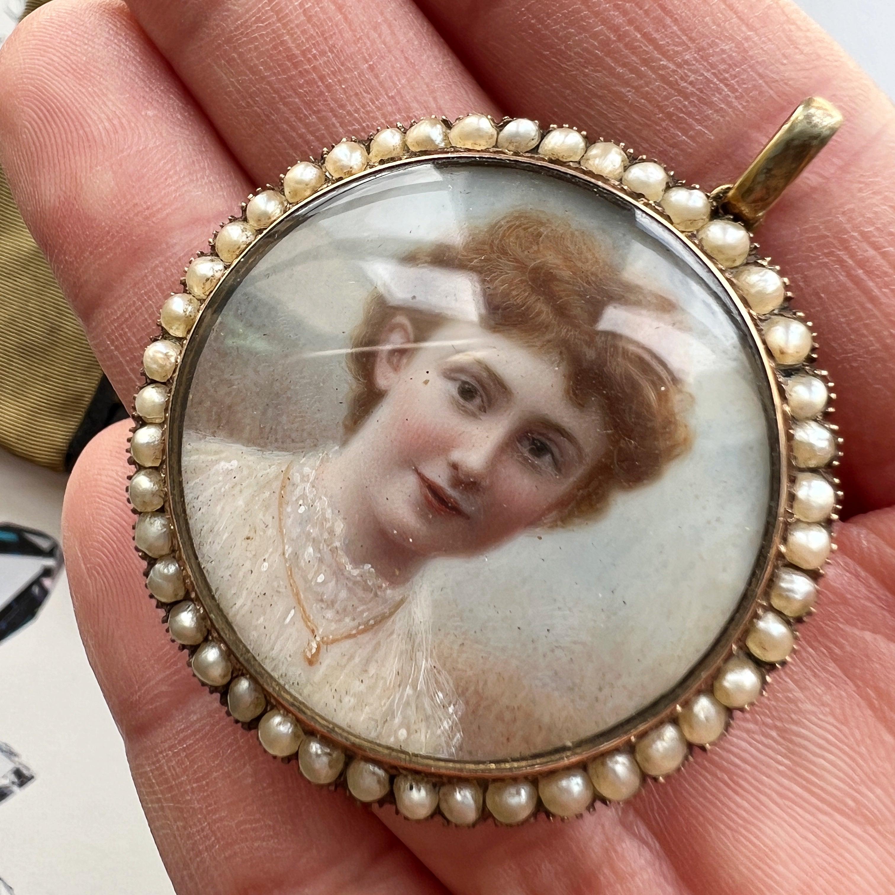 Boxed Victorian era gold pearl miniature portrait pendant - Curiously timeless