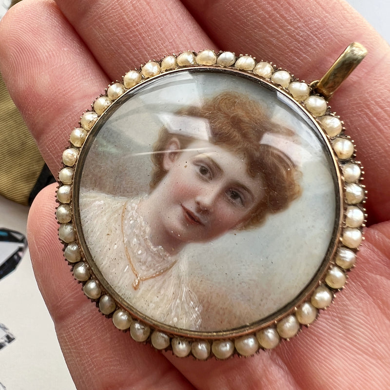 Boxed Victorian era gold pearl miniature portrait pendant