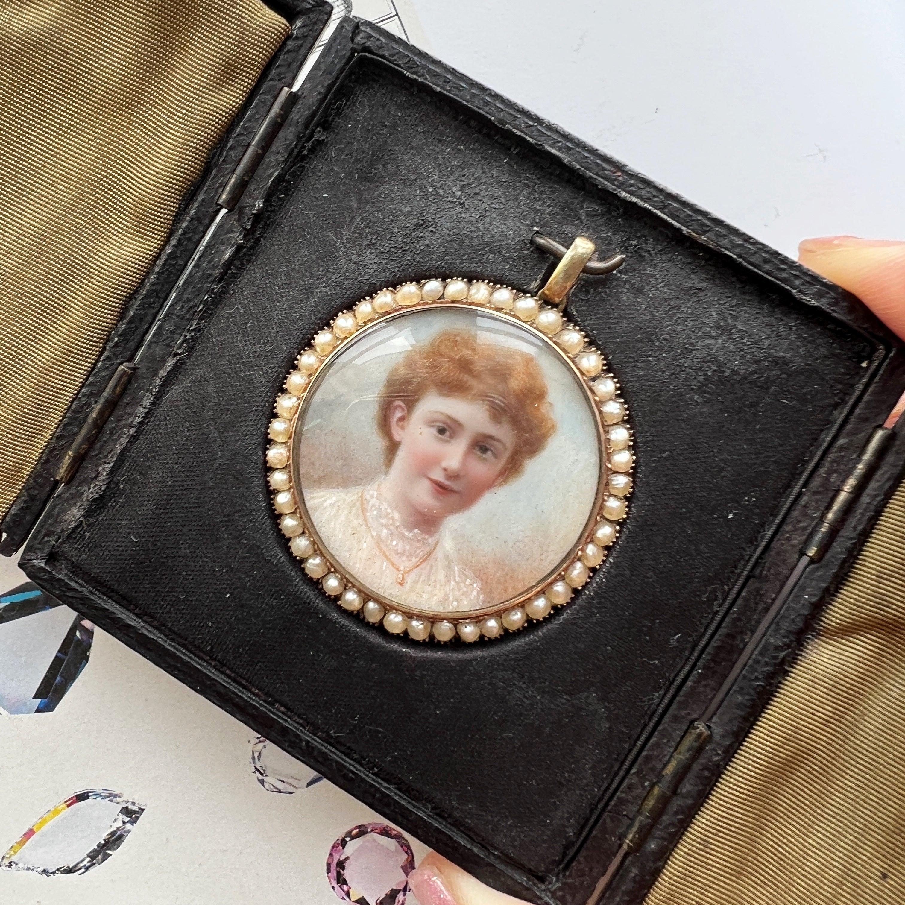 Boxed Victorian era gold pearl miniature portrait pendant - Curiously timeless