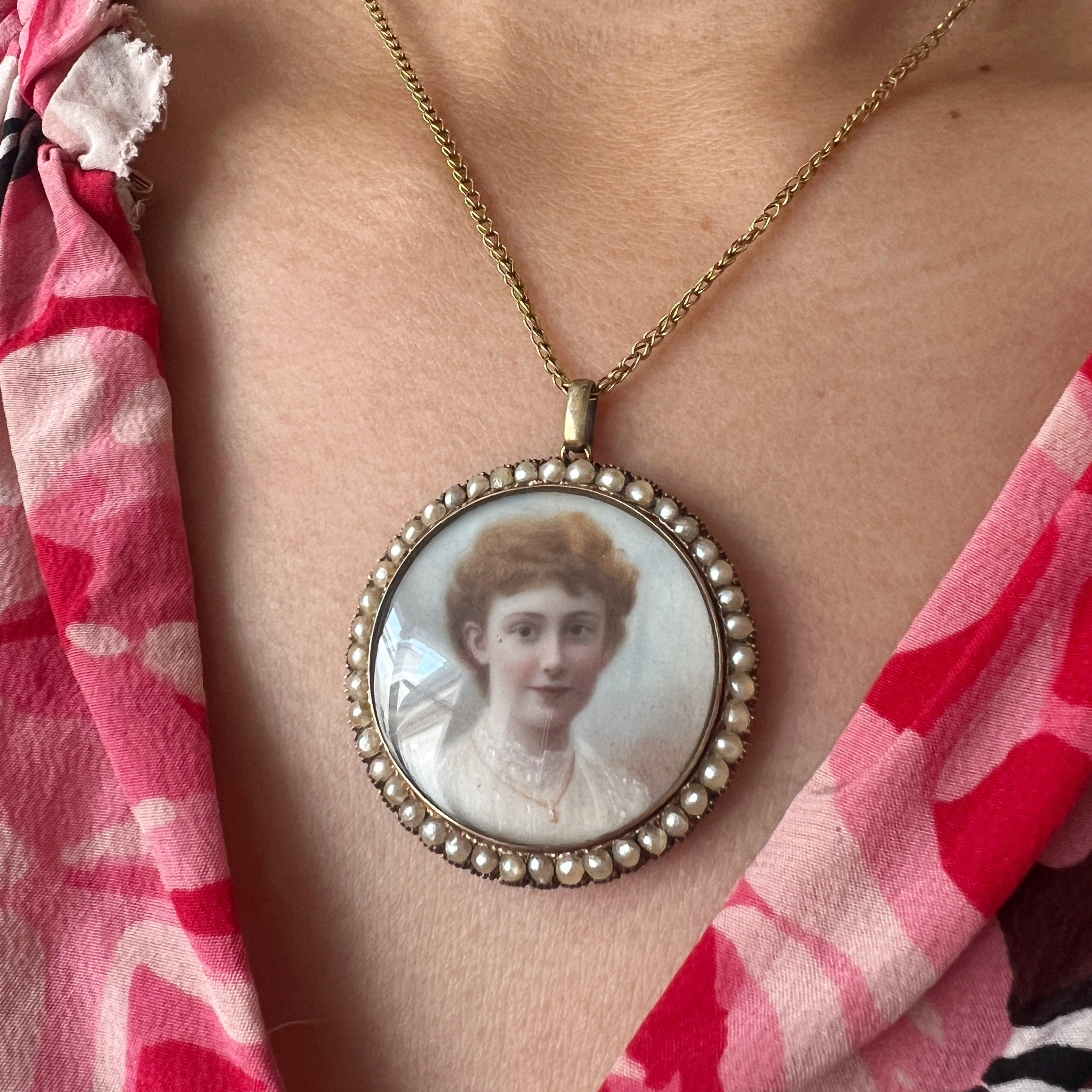 Boxed Victorian era gold pearl miniature portrait pendant - Curiously timeless