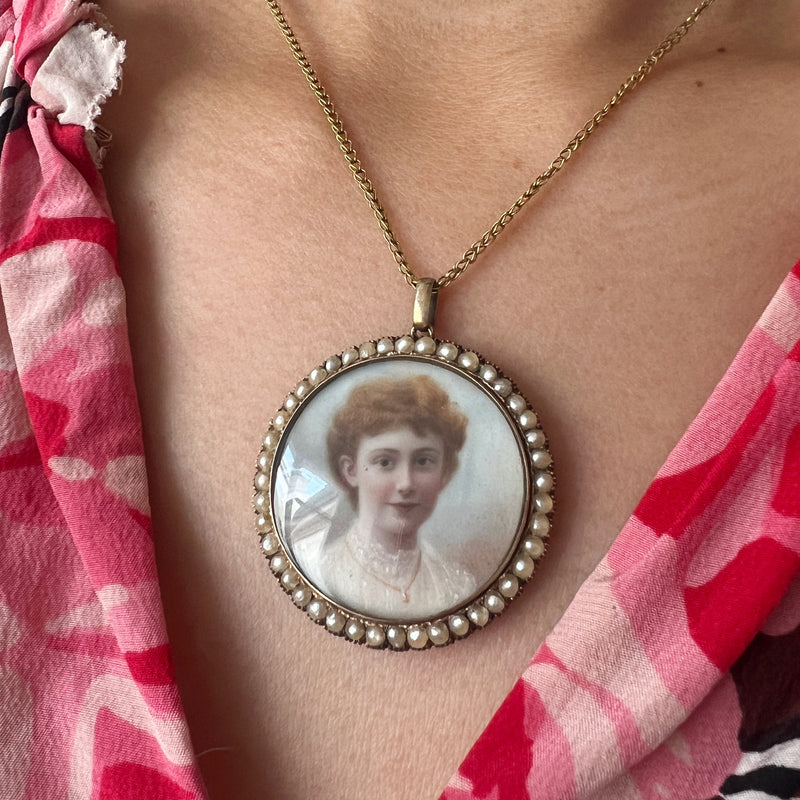 Boxed Victorian era gold pearl miniature portrait pendant