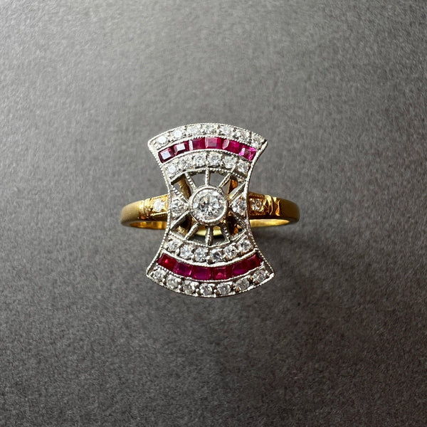 Art Deco 18K gold platinum ruby diamond ring - Curiously timeless