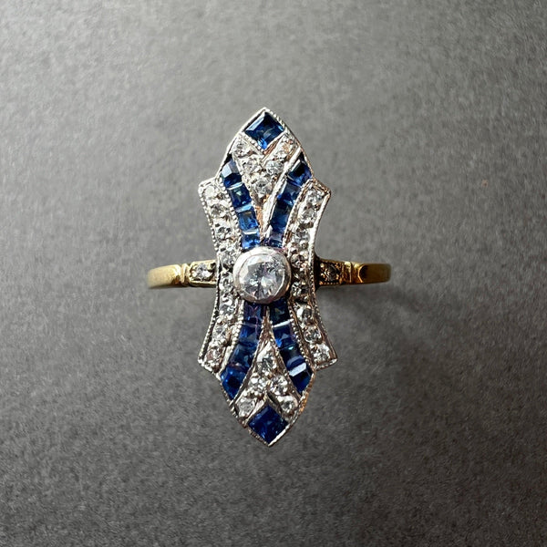 Art Deco 18K gold platinum blue sapphire diamond ring - Curiously timeless