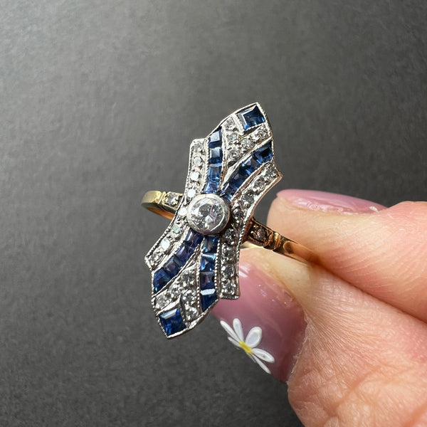 Art Deco 18K gold platinum blue sapphire diamond ring - Curiously timeless