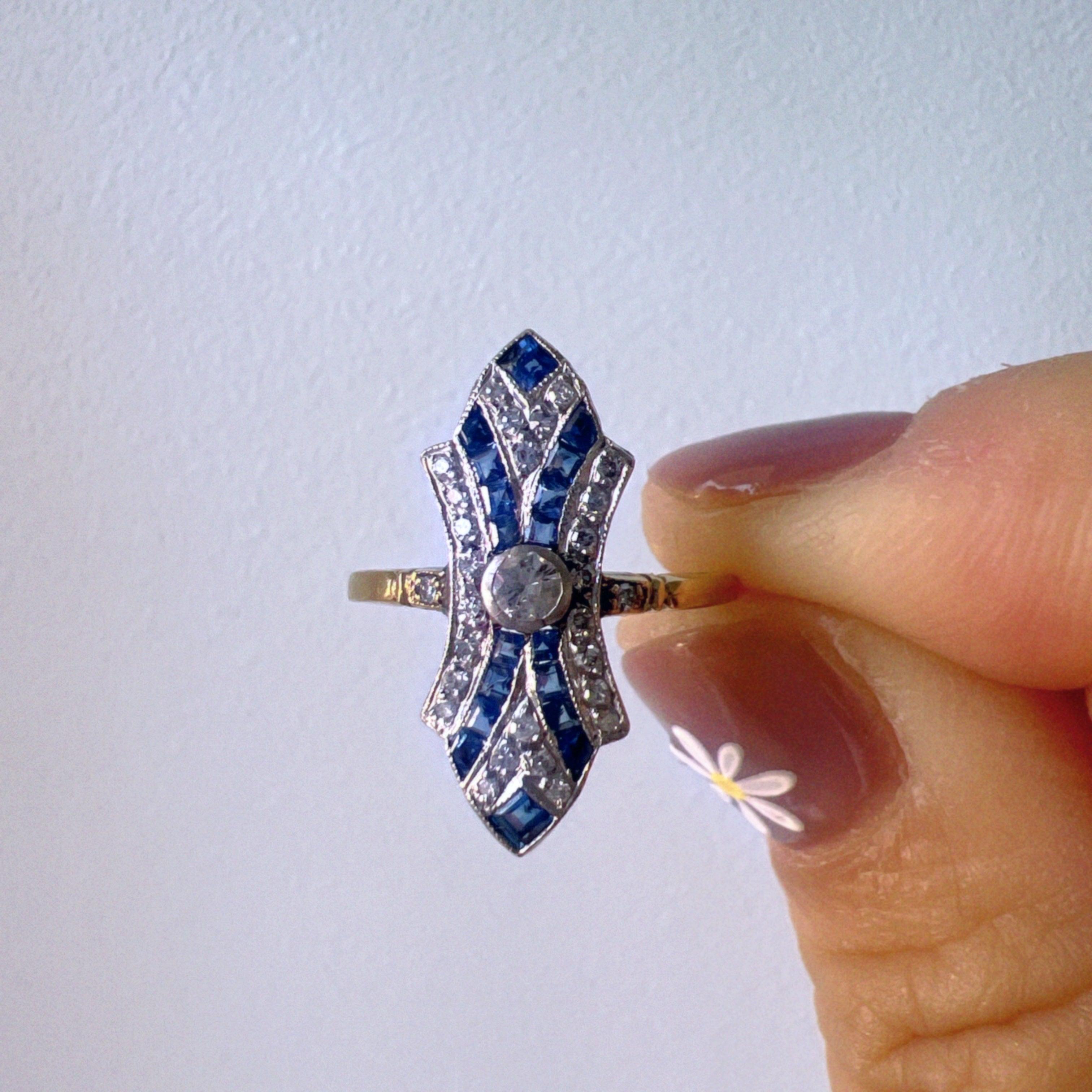 Art Deco 18K gold platinum blue sapphire diamond ring - Curiously timeless