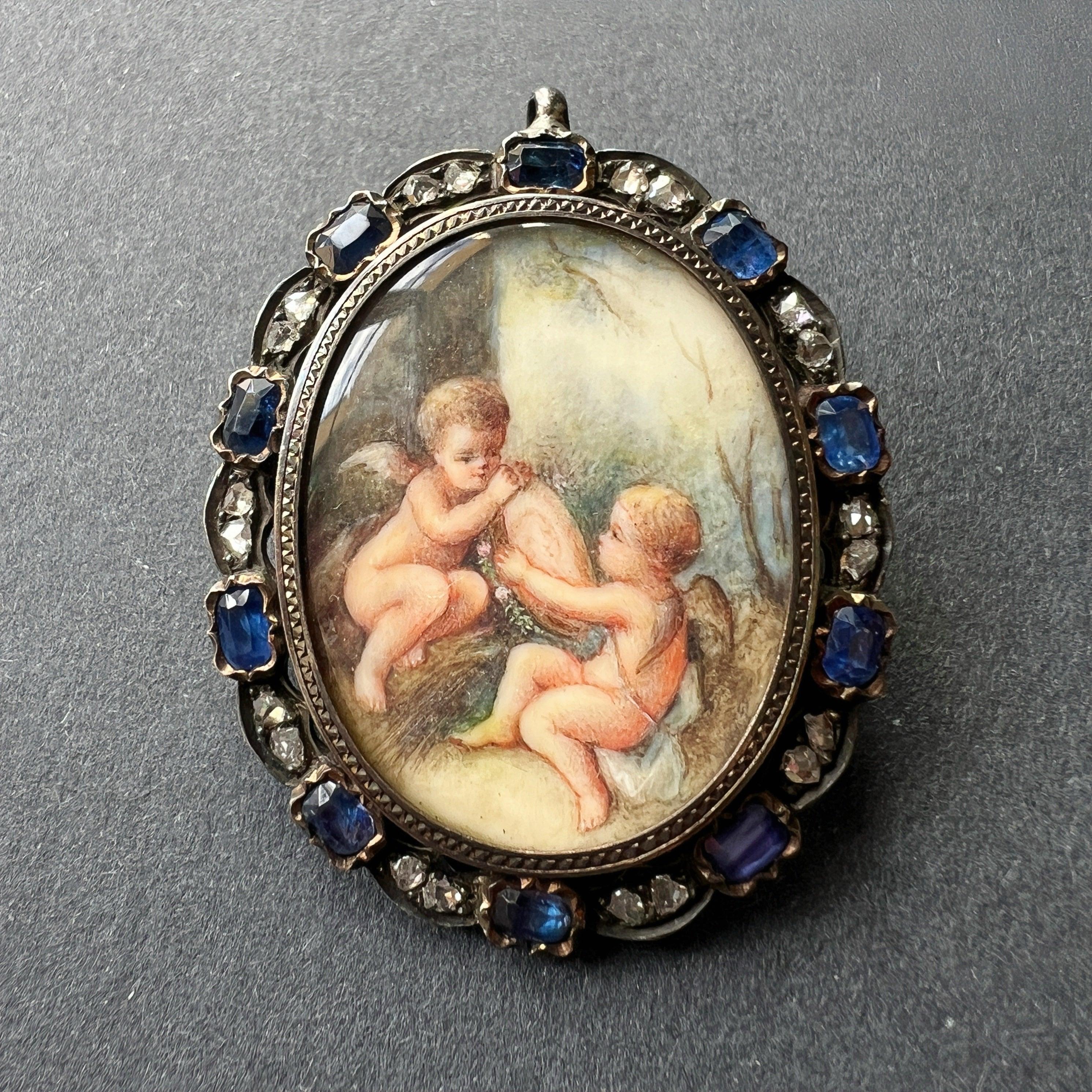 Victorian blue sapphire diamond miniature portrait pendant brooch - Curiously timeless