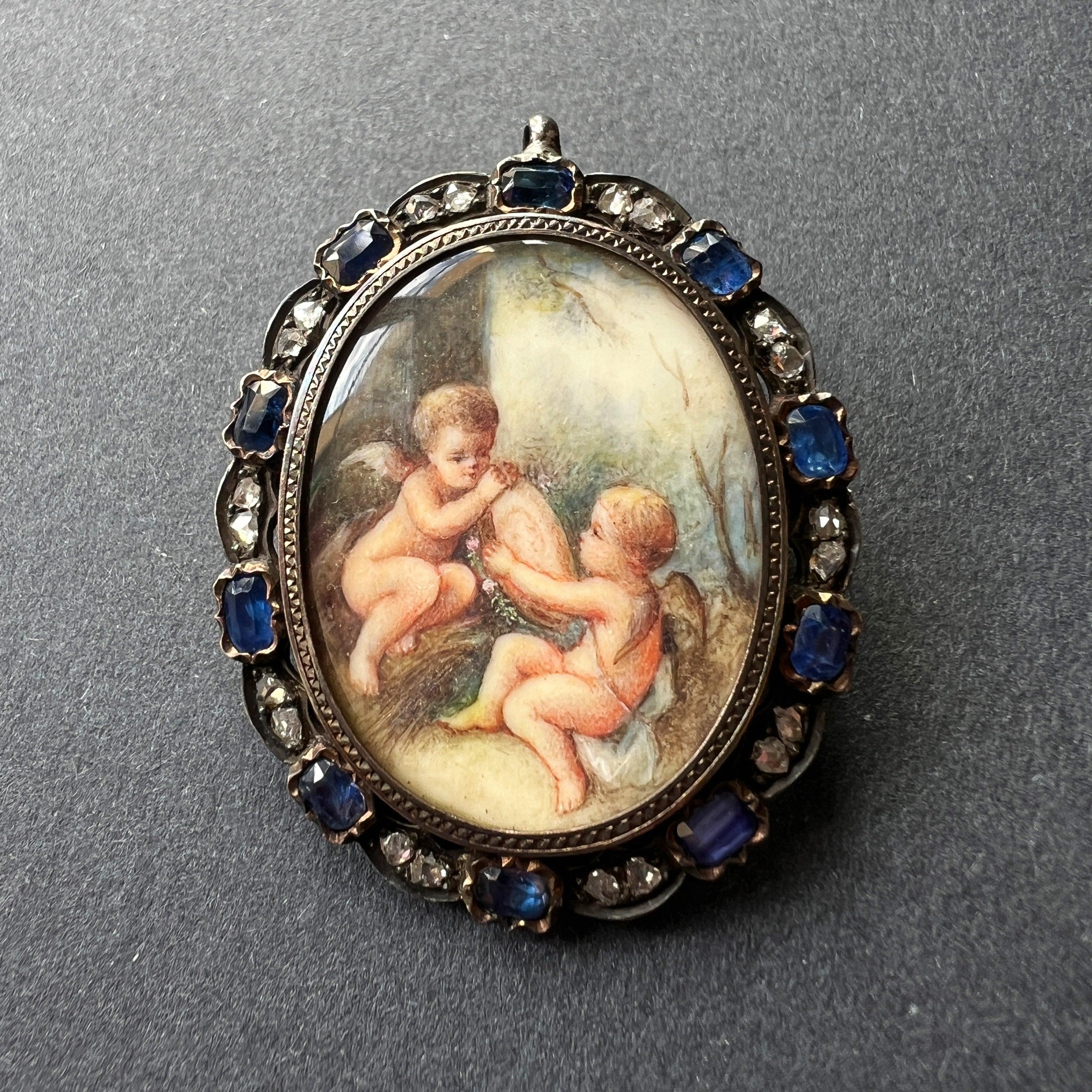 Victorian blue sapphire diamond miniature portrait pendant brooch - Curiously timeless