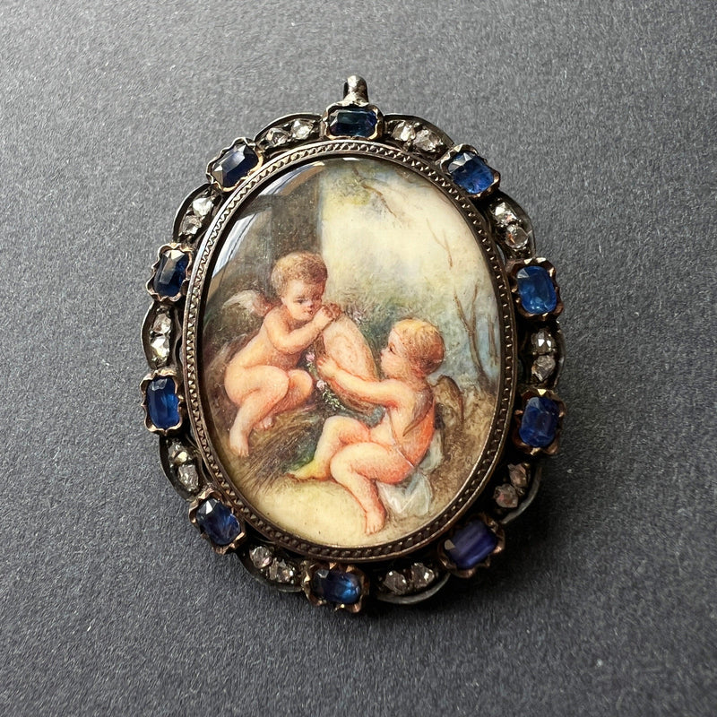 Victorian blue sapphire diamond miniature portrait pendant brooch