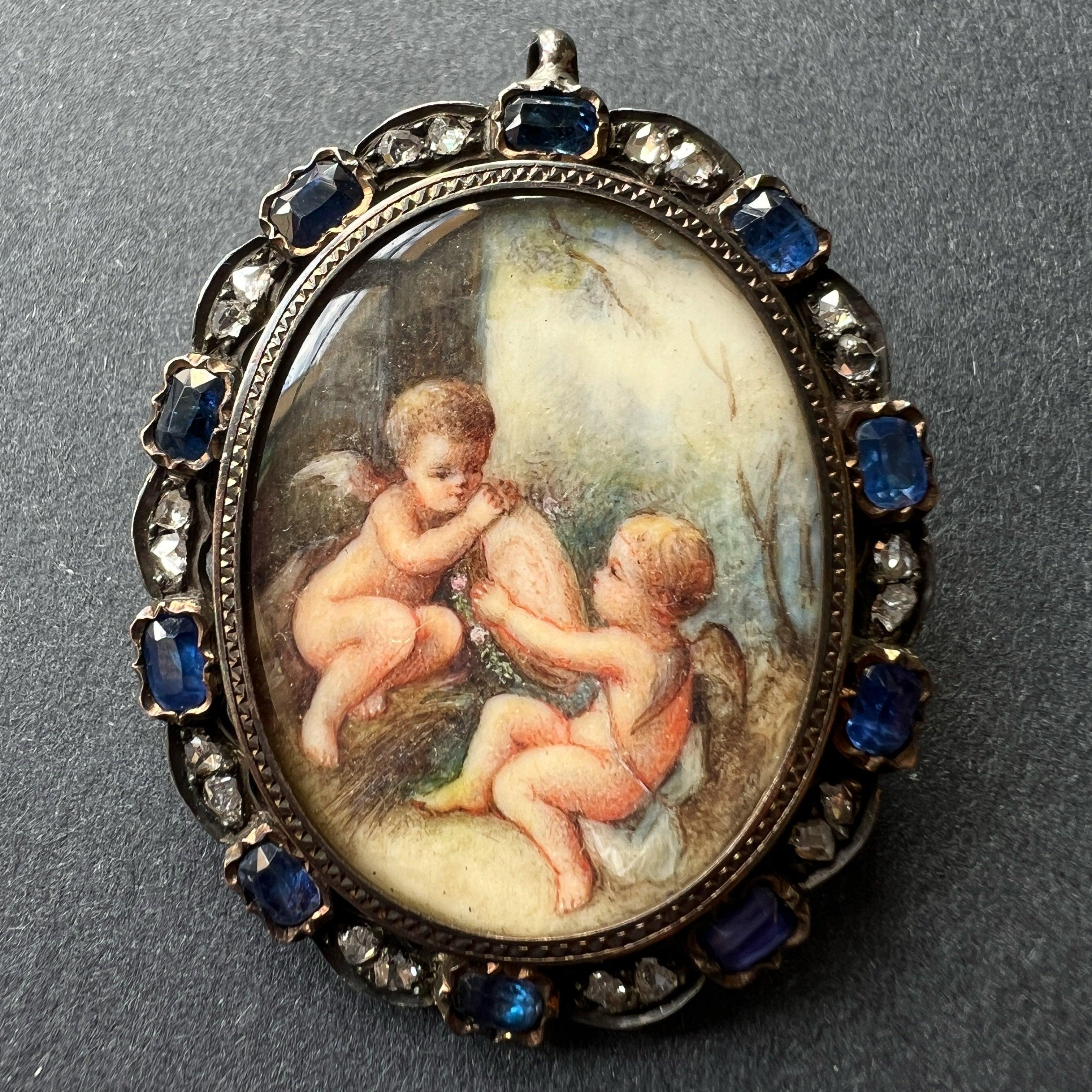 Victorian blue sapphire diamond miniature portrait pendant brooch - Curiously timeless