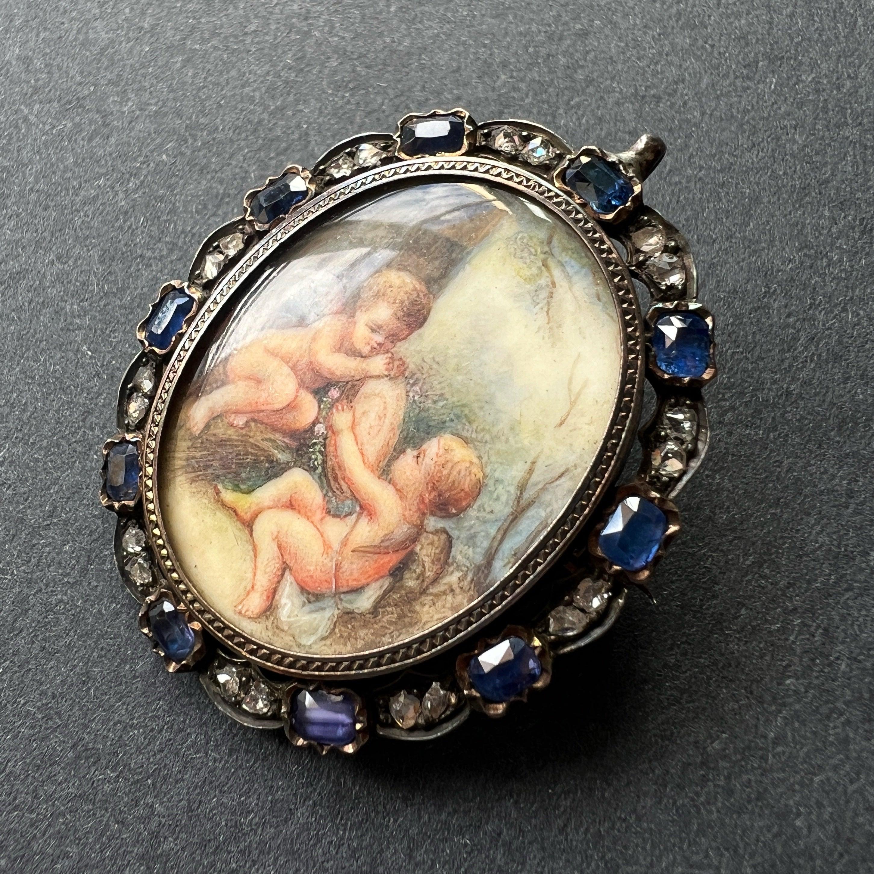 Victorian blue sapphire diamond miniature portrait pendant brooch - Curiously timeless