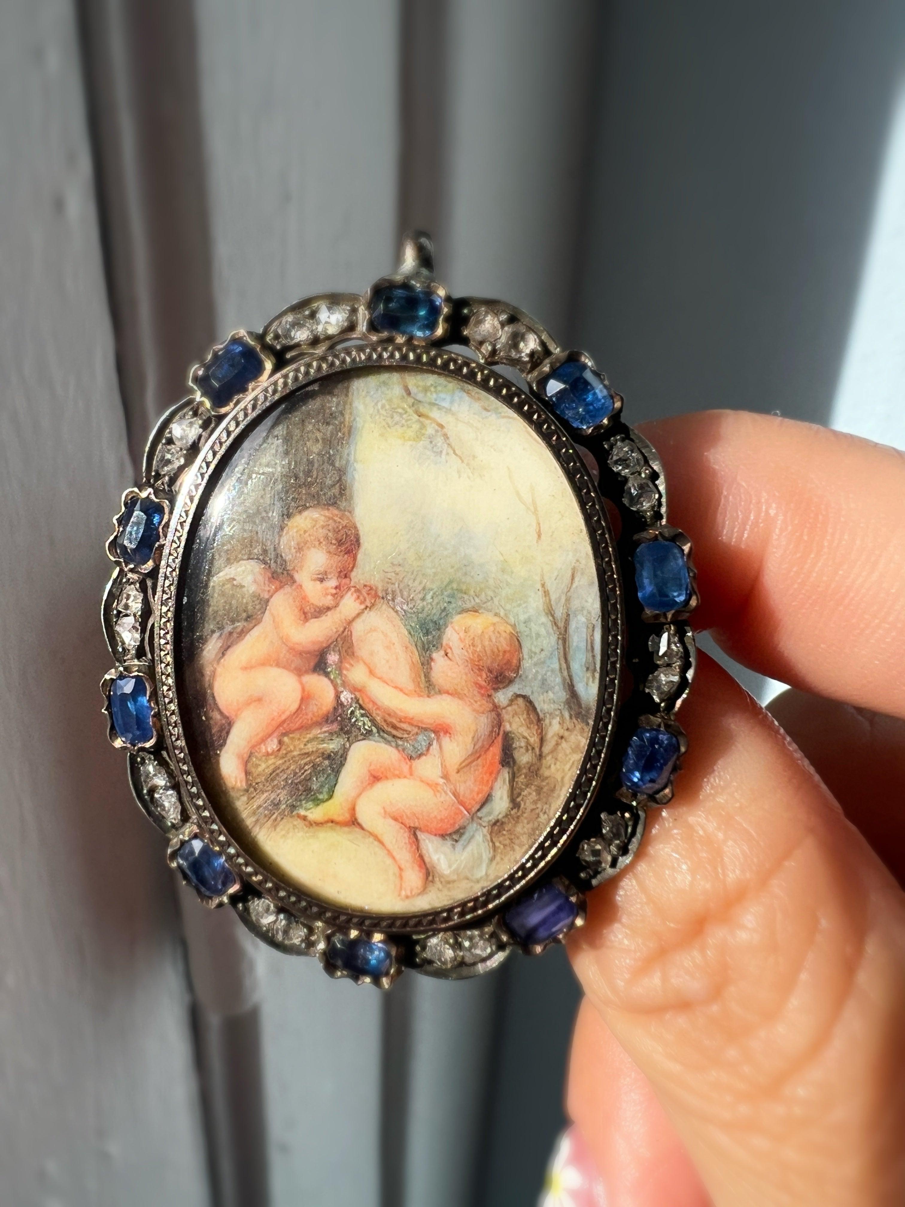 Victorian blue sapphire diamond miniature portrait pendant brooch - Curiously timeless