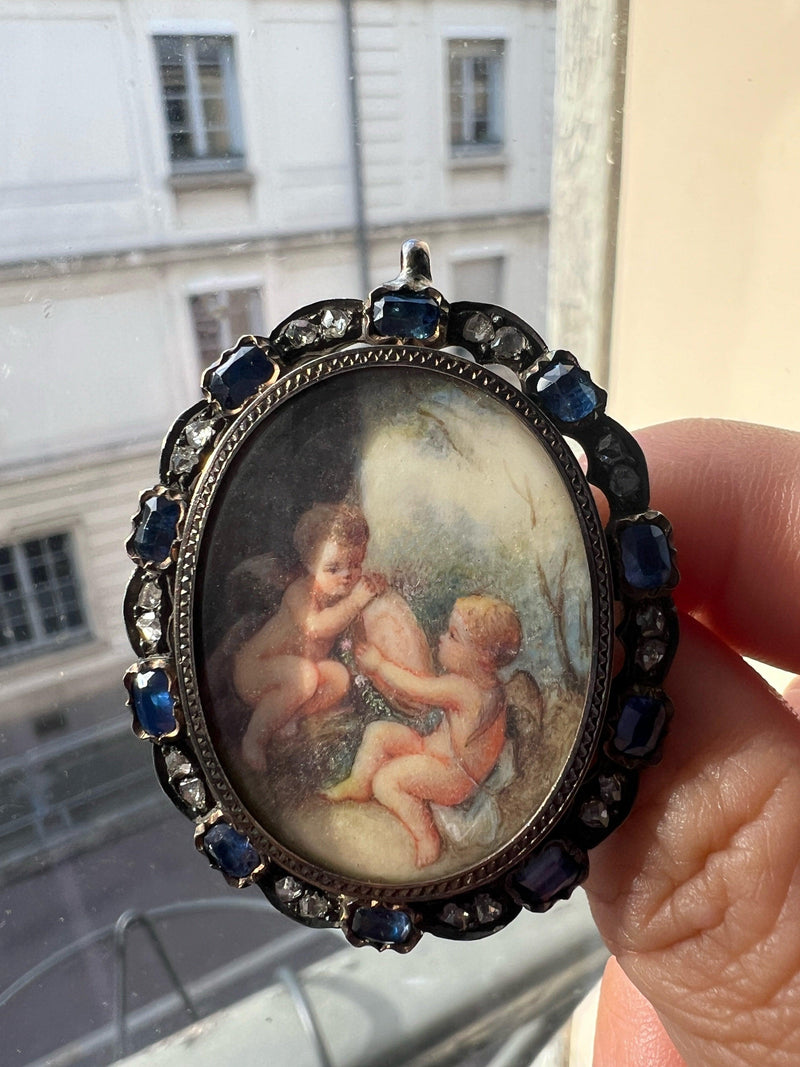 Victorian blue sapphire diamond miniature portrait pendant brooch