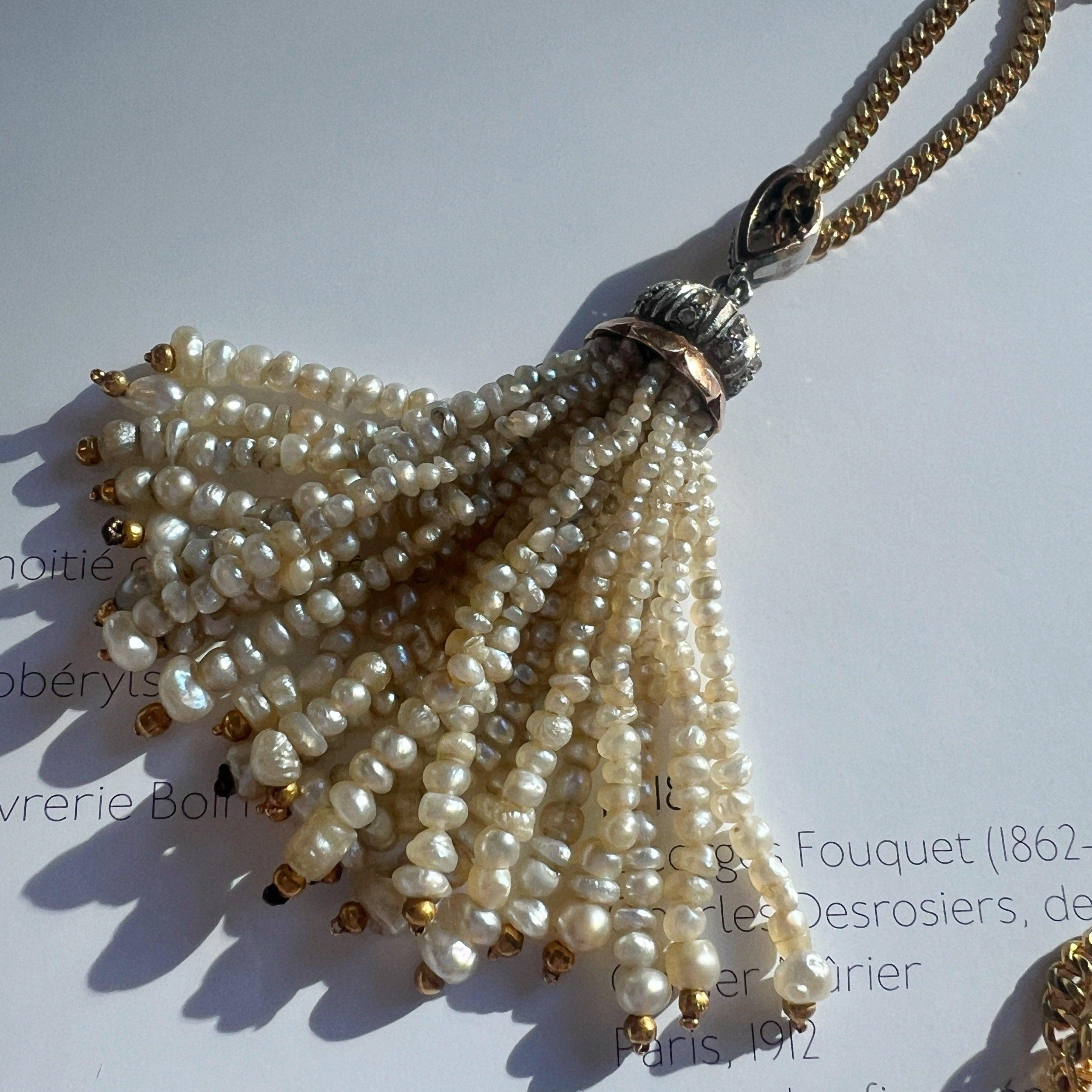 Art Deco era platinum diamond pearl tassel pendant - Curiously timeless