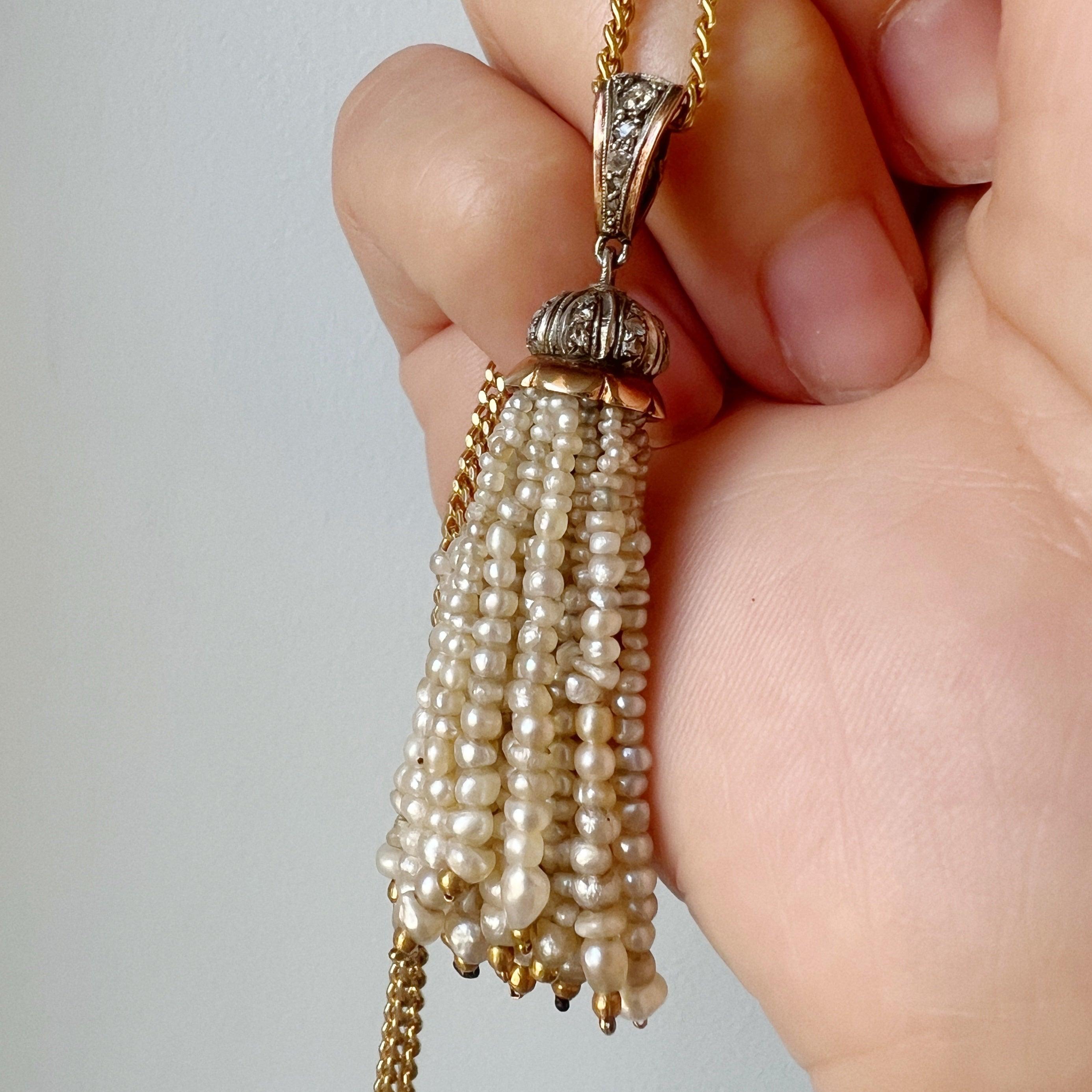 Art Deco era platinum diamond pearl tassel pendant - Curiously timeless