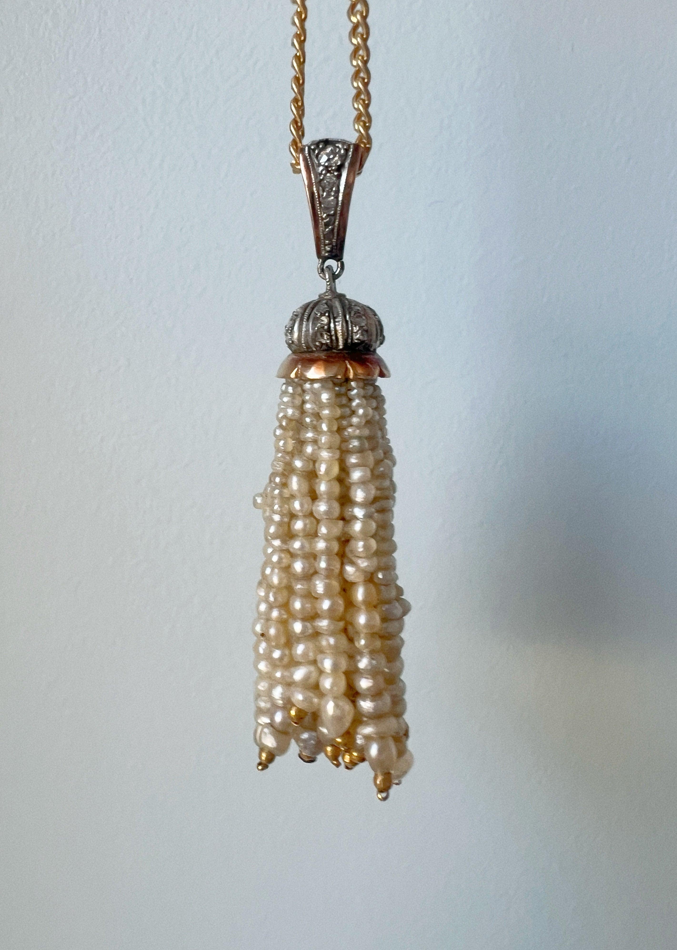 Art Deco era platinum diamond pearl tassel pendant - Curiously timeless