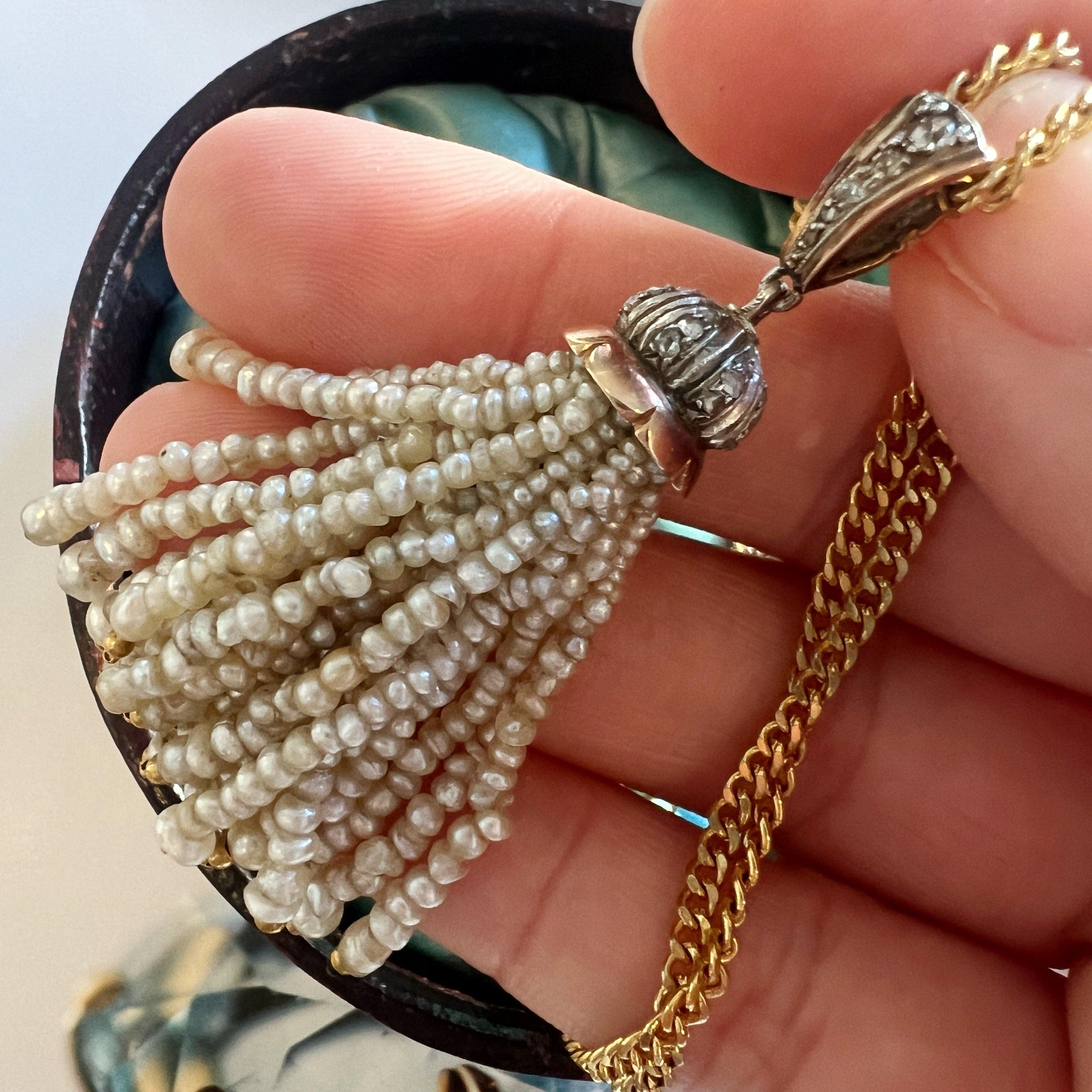 Art Deco era platinum diamond pearl tassel pendant - Curiously timeless