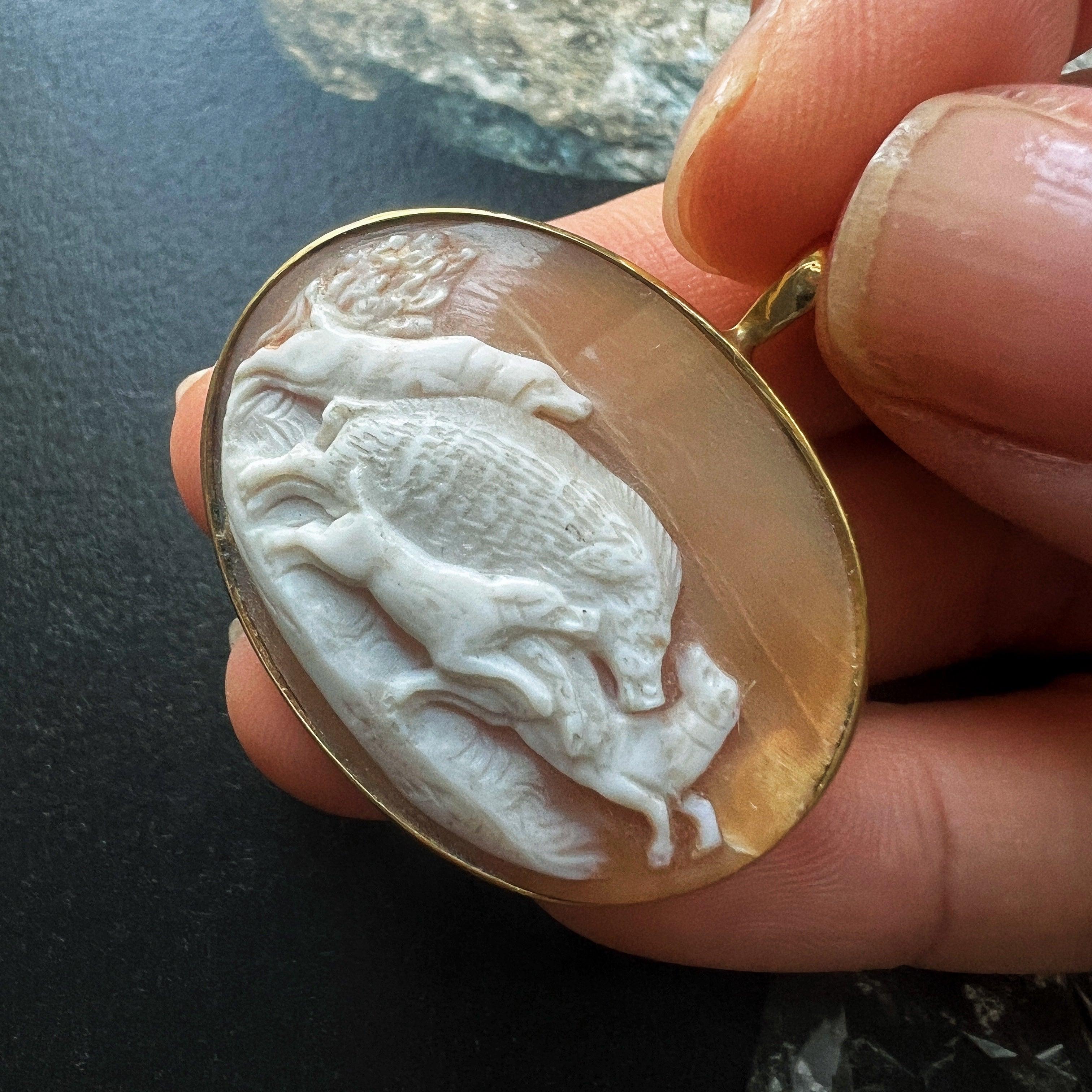 Victorian 18K gold dogs hunting scene cameo pendant - Curiously timeless