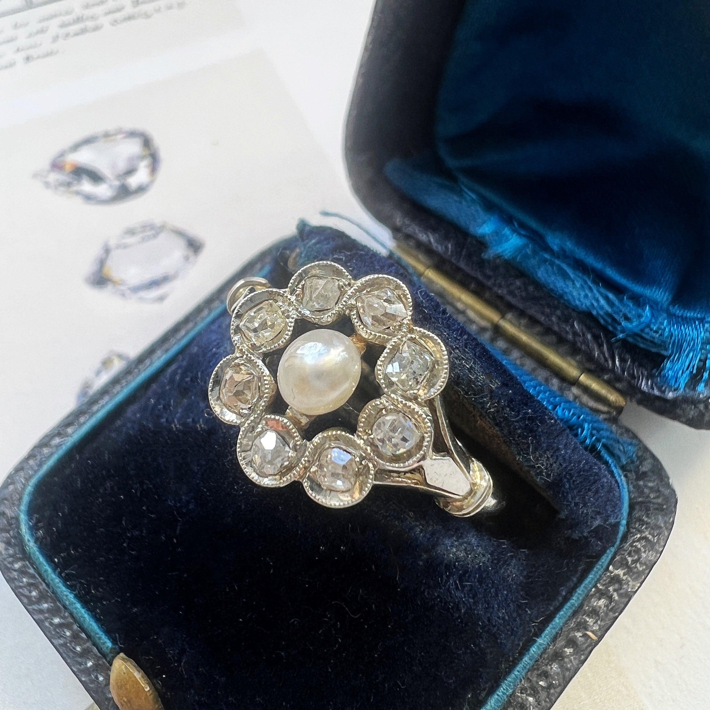 Antique 18K gold natural pearl diamond cluster ring - Curiously timeless