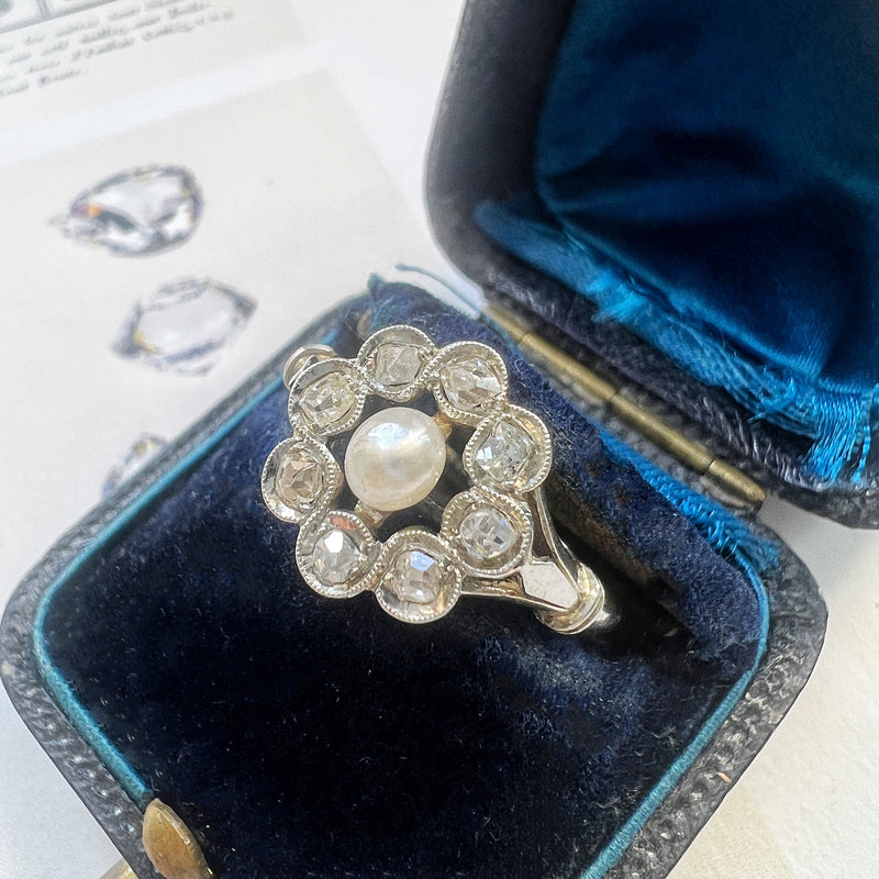 Vintage Floral Pearl Brooch Pin with Diamonds and Jade in Platinum