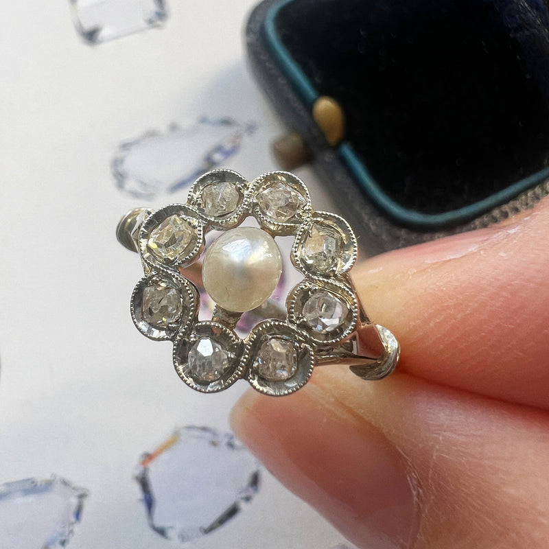 Retro Moderne Flowers and Leaves Vintage Pearl Cluster Ring in 14 Kara —  Antique Jewelry Mall