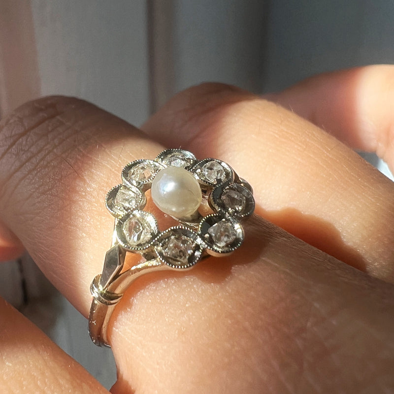 Antique 18K gold natural pearl diamond cluster ring