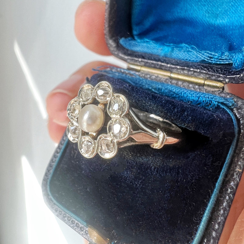 Antique 18K gold natural pearl diamond cluster ring