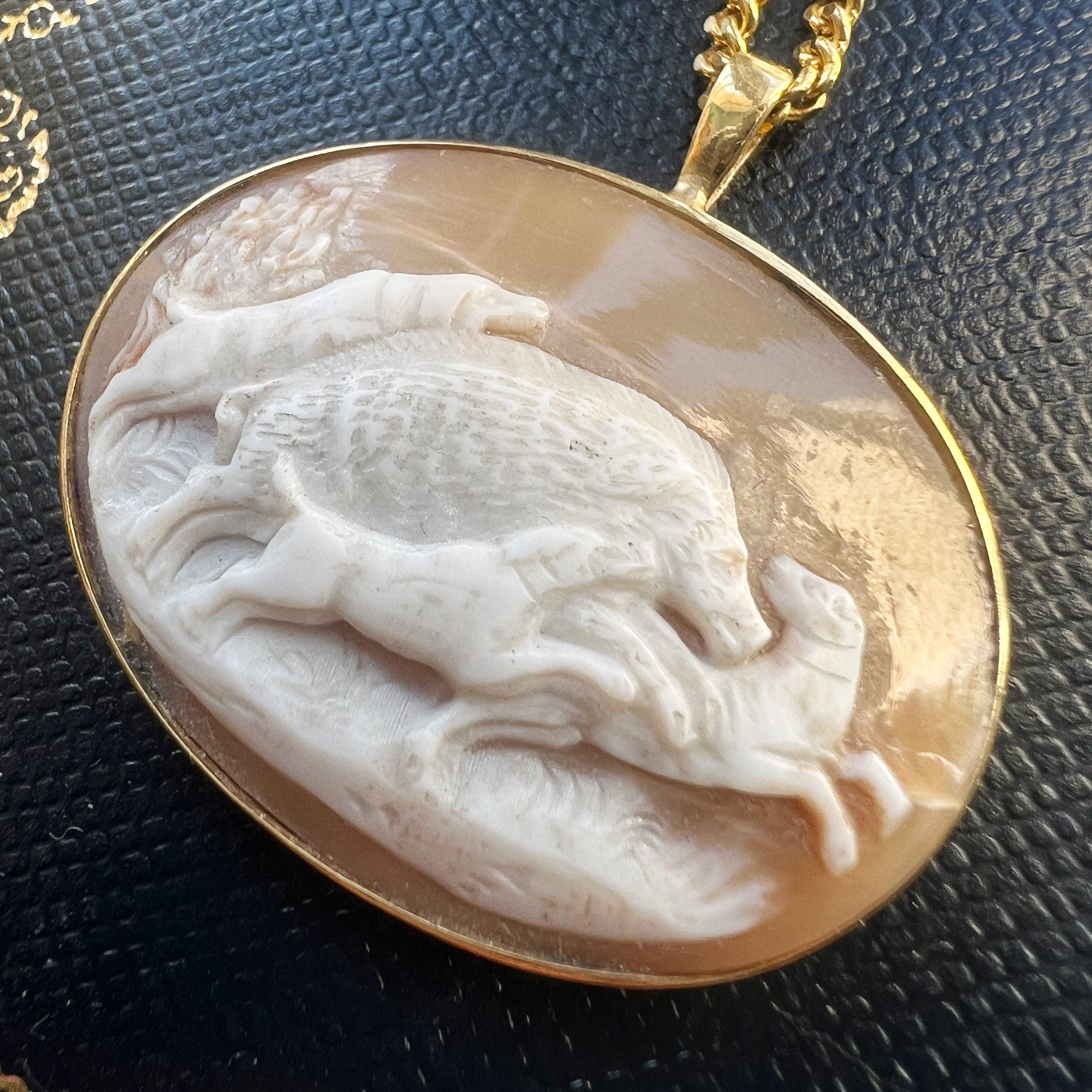 Victorian 18K gold dogs hunting scene cameo pendant - Curiously timeless