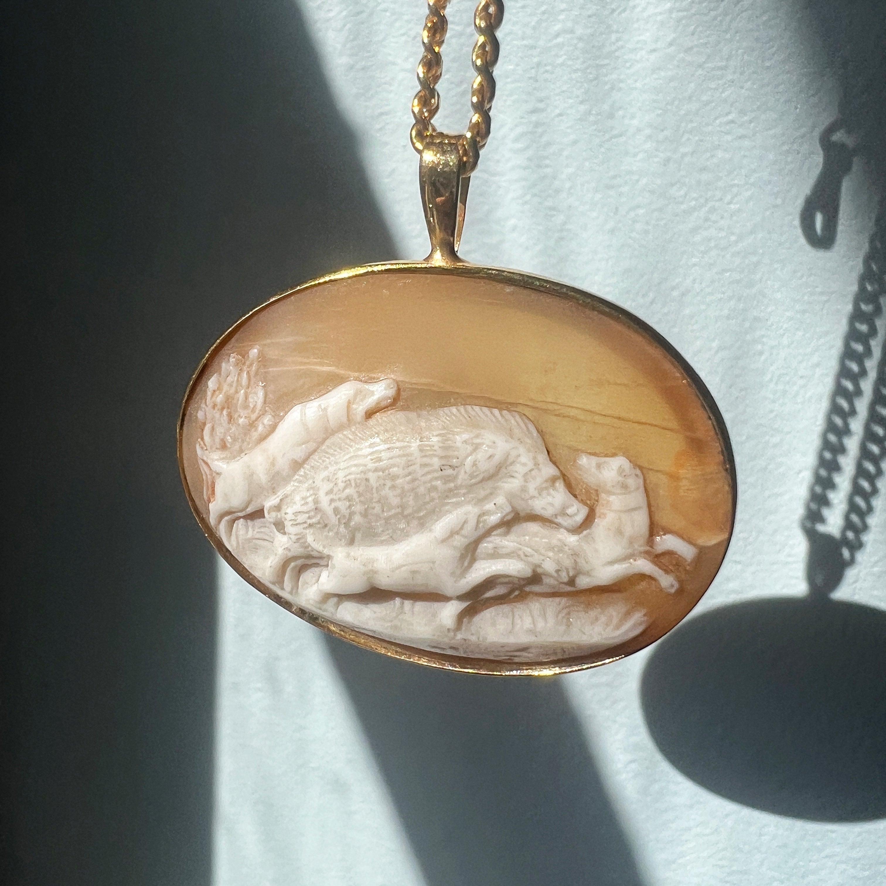 Victorian 18K gold dogs hunting scene cameo pendant - Curiously timeless