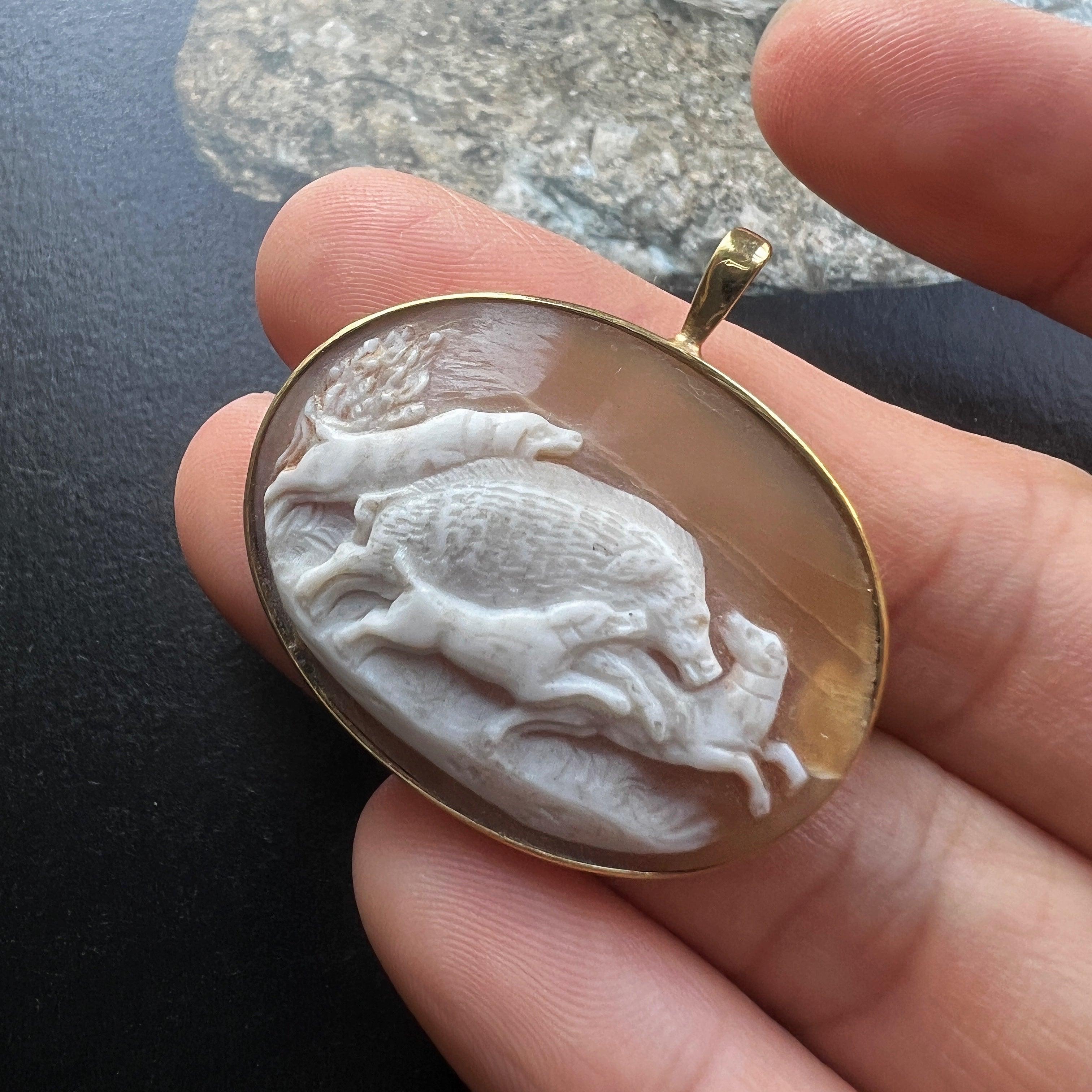 Victorian 18K gold dogs hunting scene cameo pendant - Curiously timeless