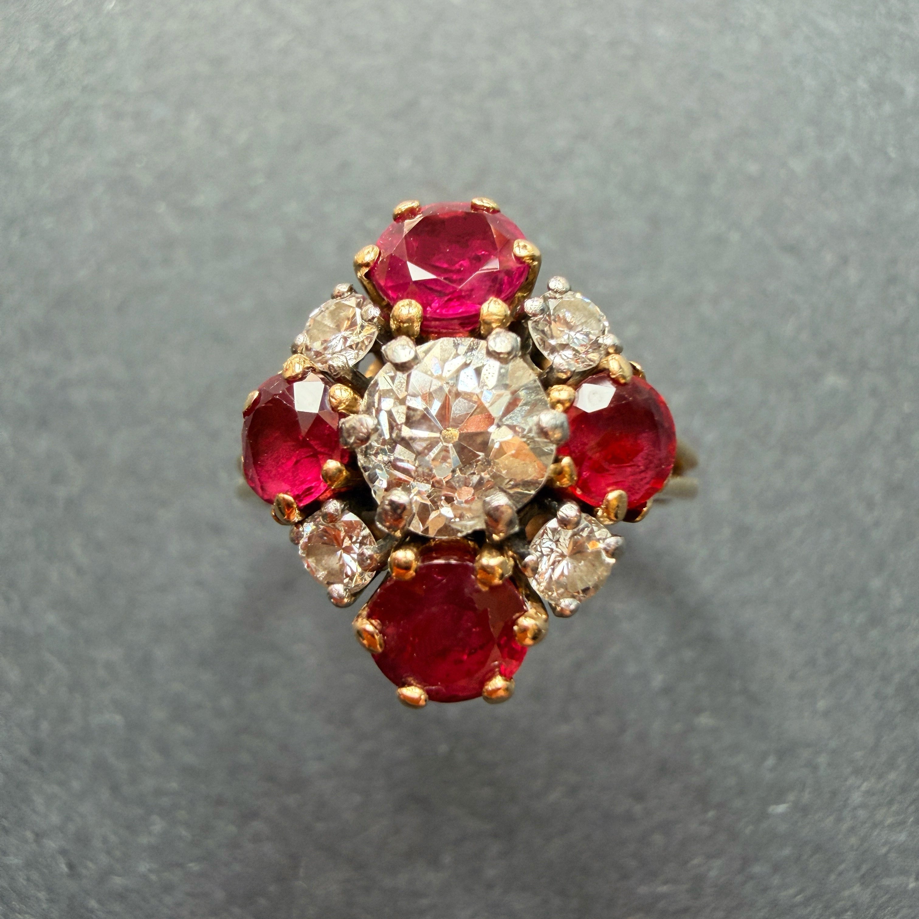 French 18K Gold Ring with Old European Cut Diamond and Rubies