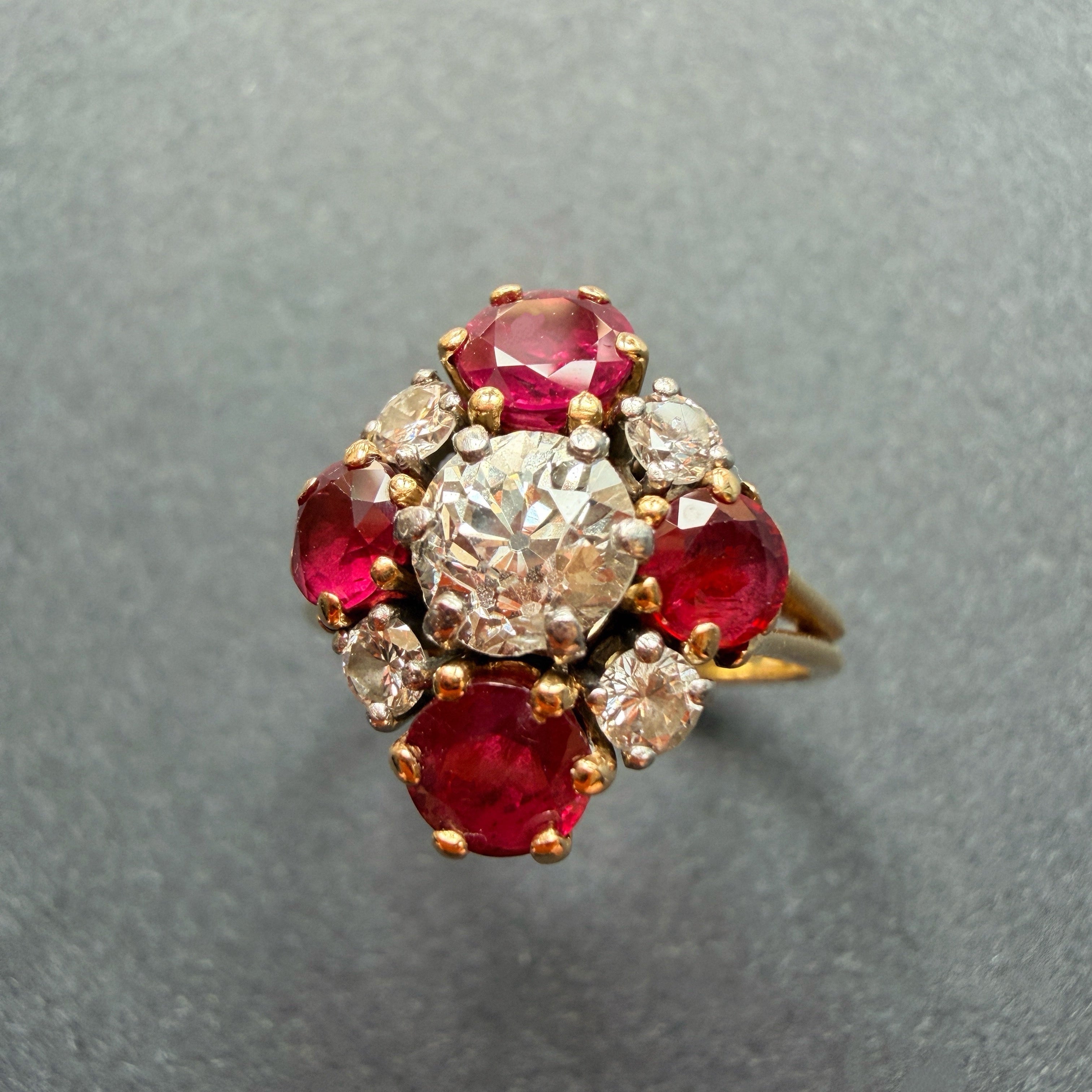 French 18K Gold Ring with Old European Cut Diamond and Rubies