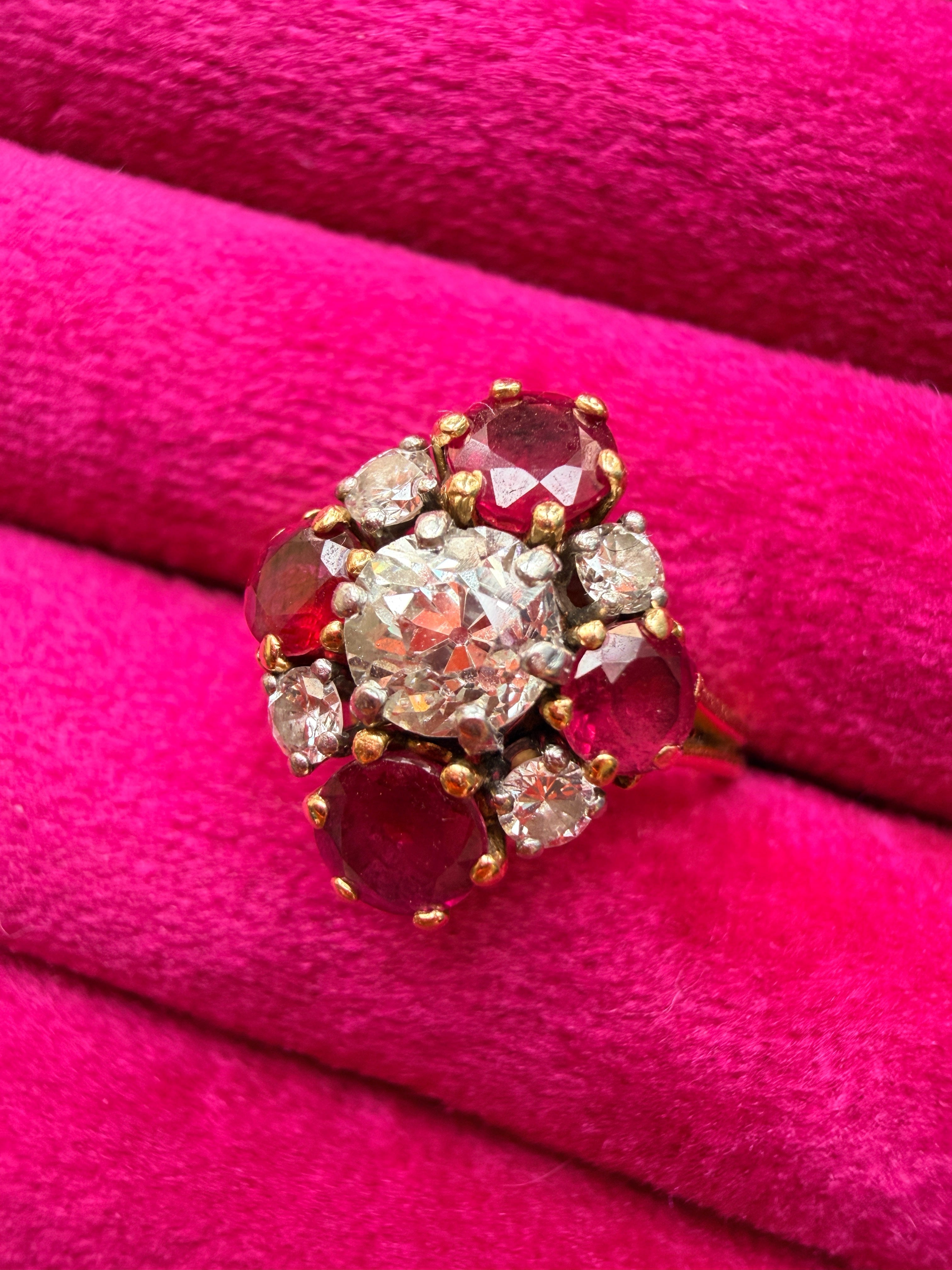 French 18K Gold Ring with Old European Cut Diamond and Rubies