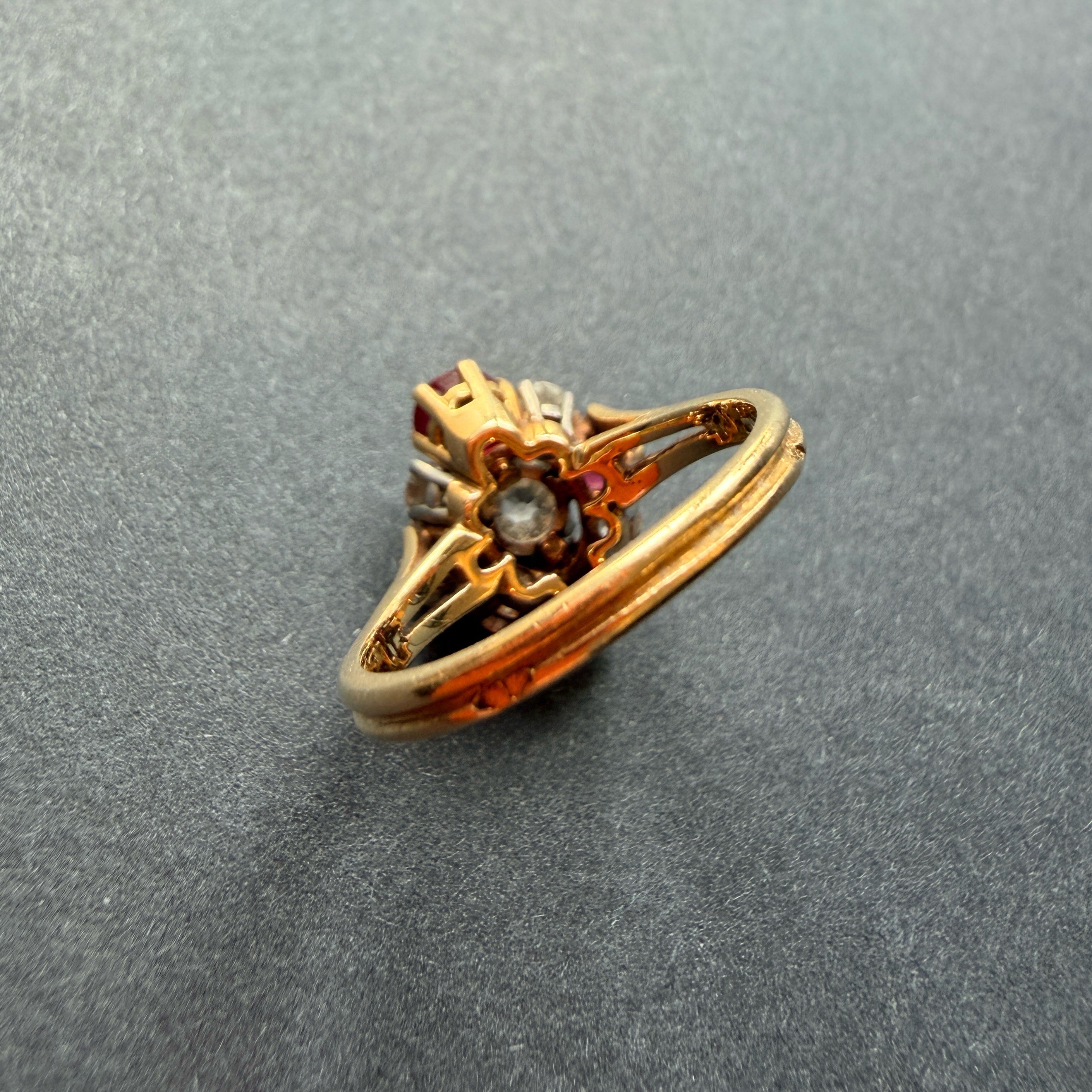 French 18K Gold Ring with Old European Cut Diamond and Rubies