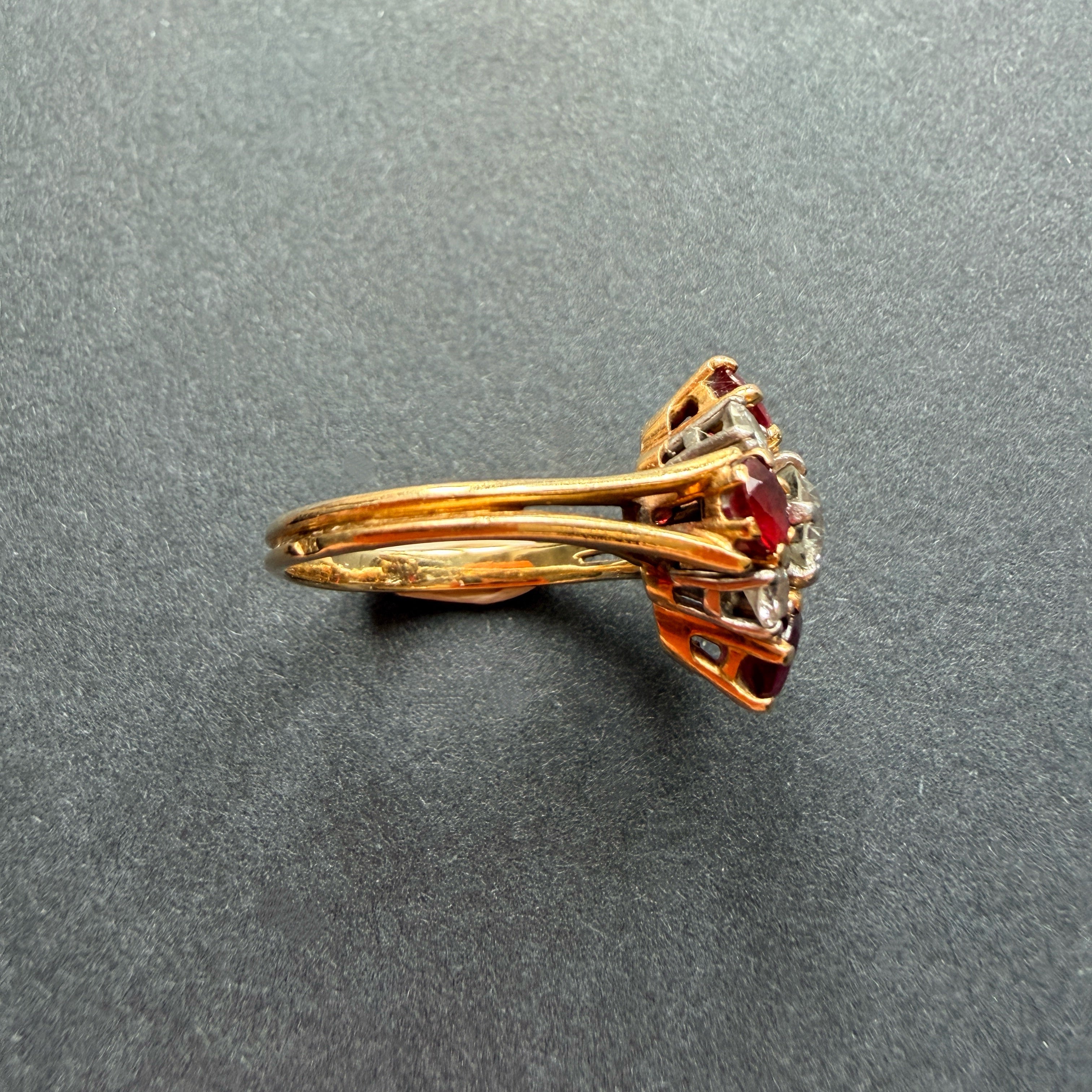 French 18K Gold Ring with Old European Cut Diamond and Rubies