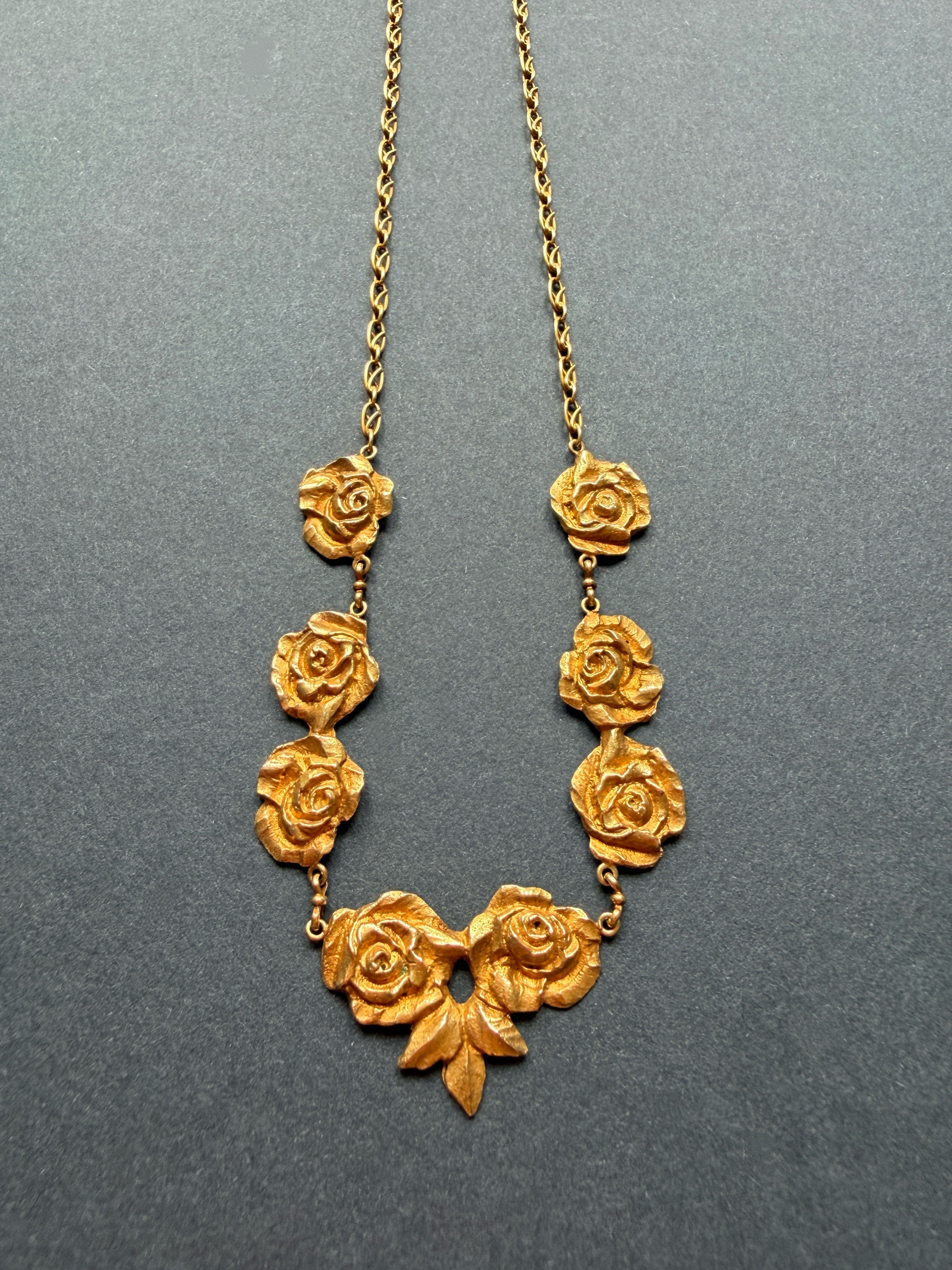 French Art Nouveau 18K Gold Rose Draperie Necklace