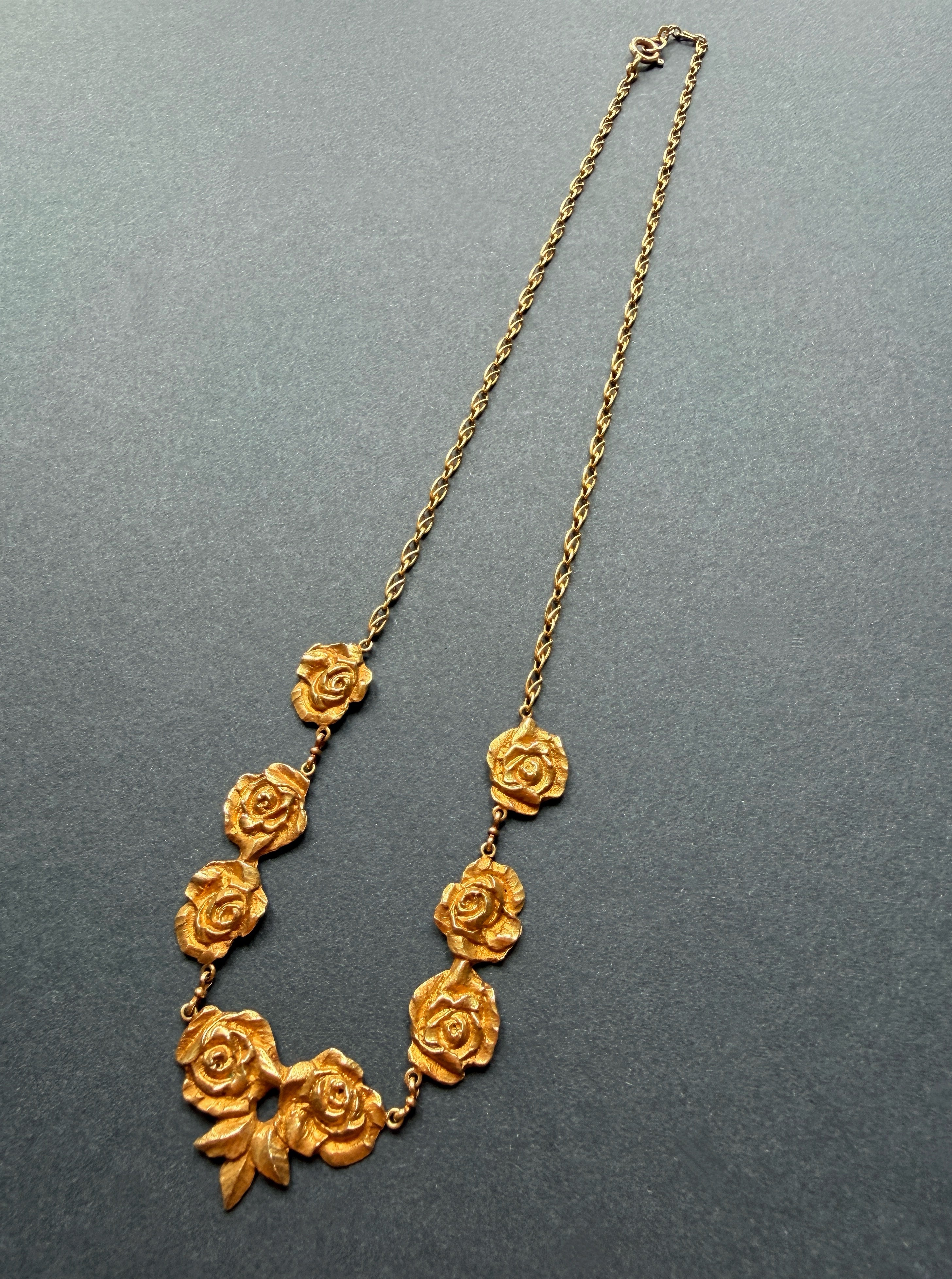 French Art Nouveau 18K Gold Rose Draperie Necklace