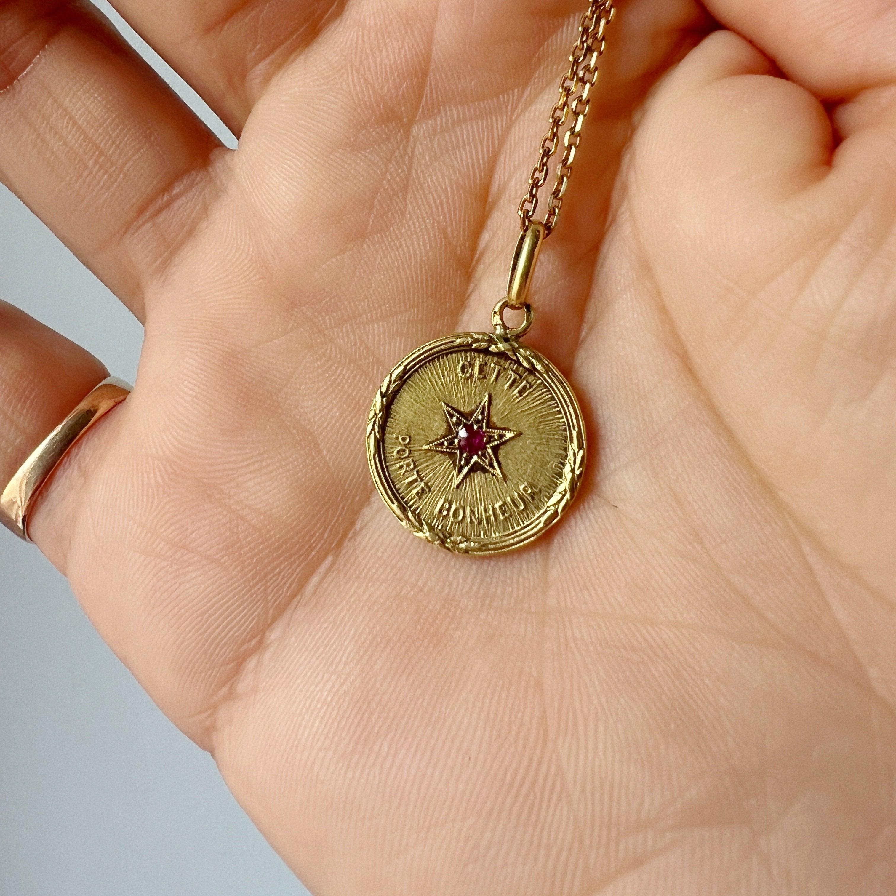 Rare French antique 18K ruby star medal pendant “this star brings happiness” - Curiously timeless