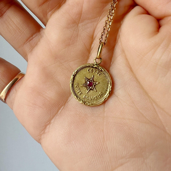 Rare French antique 18K ruby star medal pendant “this star brings happiness” - Curiously timeless