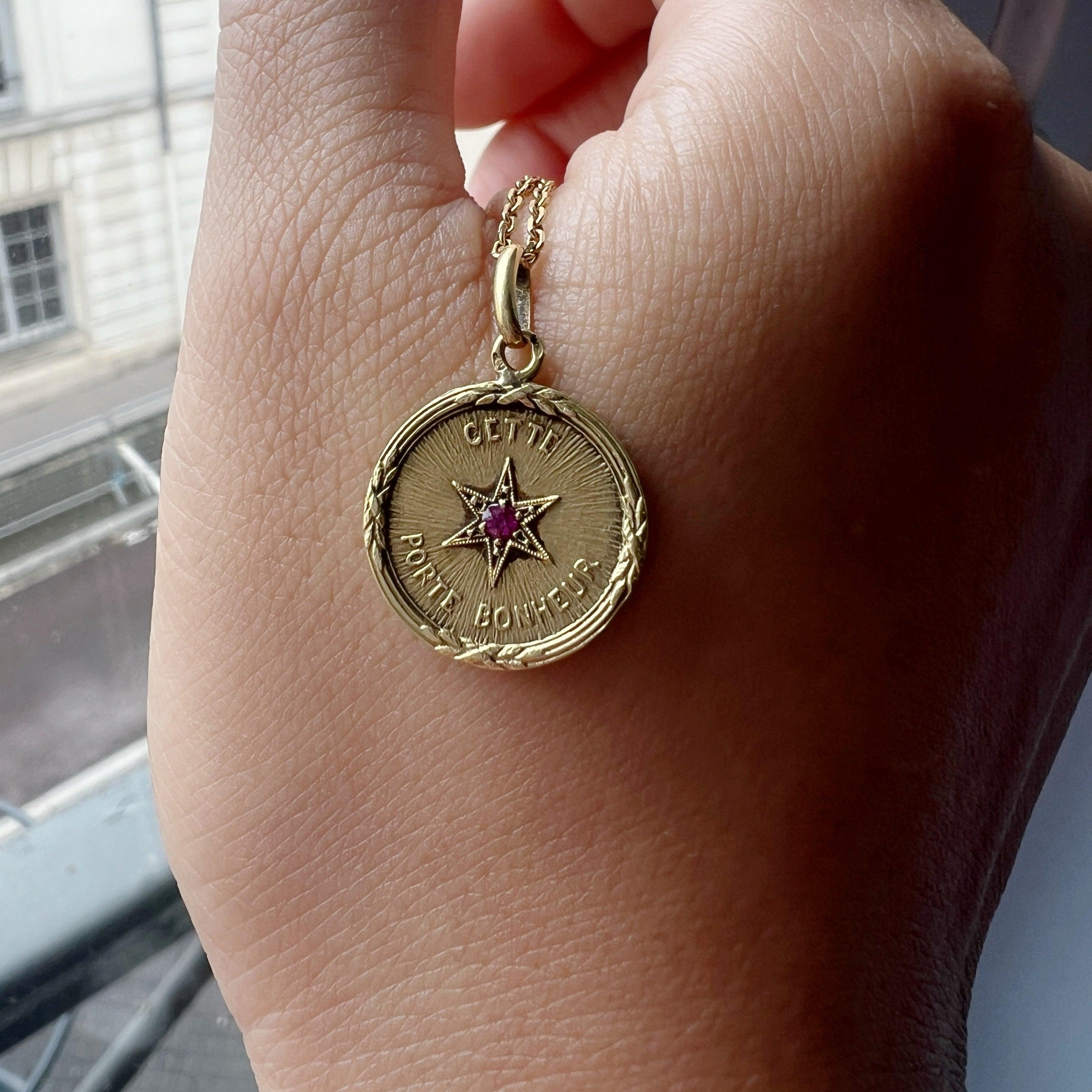 Rare French antique 18K ruby star medal pendant “this star brings happiness” - Curiously timeless