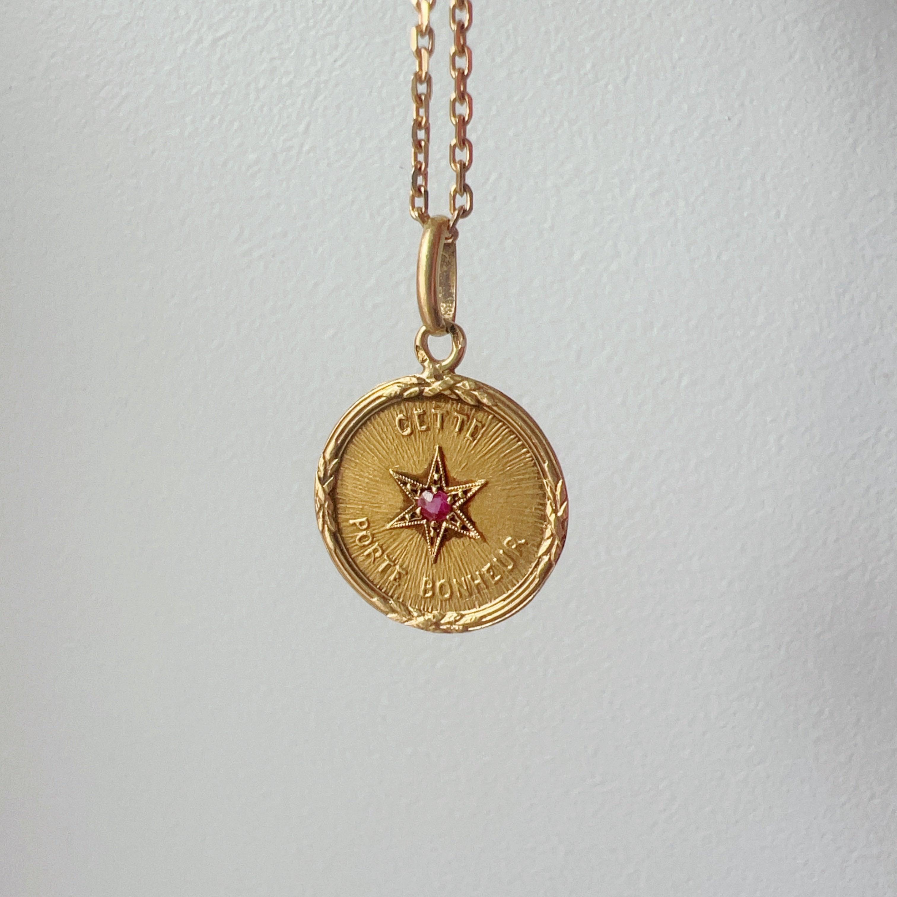 Rare French antique 18K ruby star medal pendant “this star brings happiness” - Curiously timeless