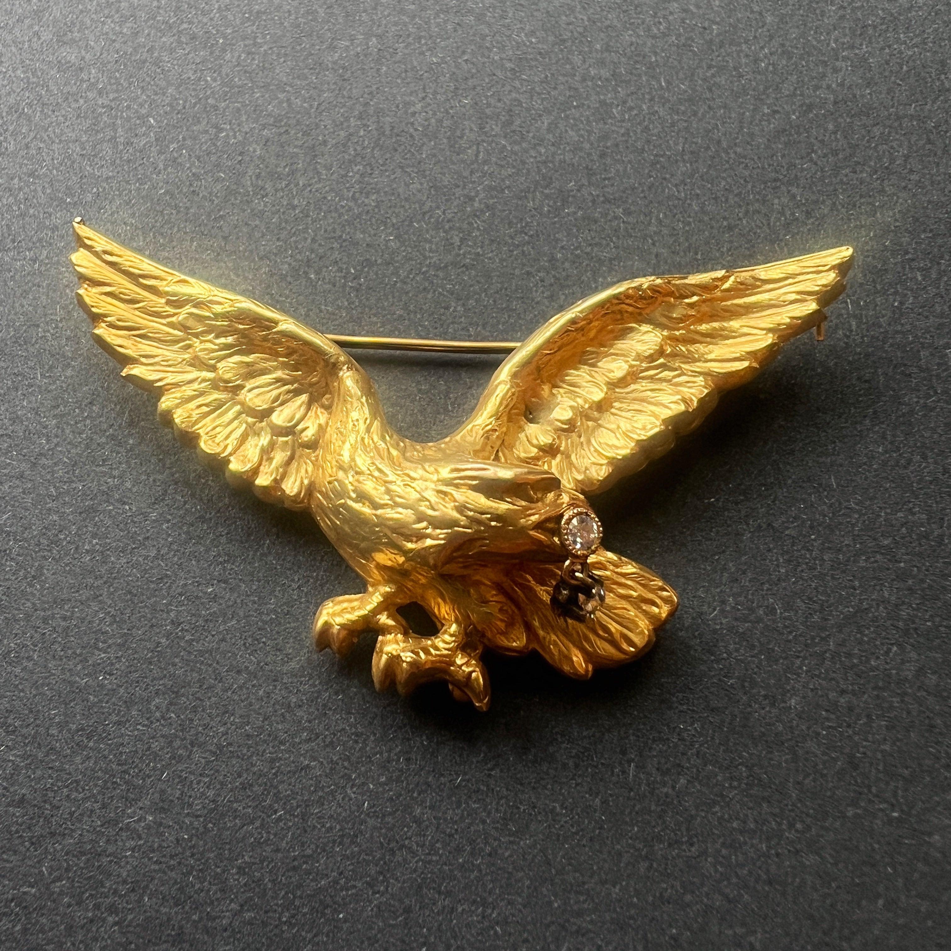 Large French Art Nouveau 18K gold diamond eagle brooch - Curiously timeless