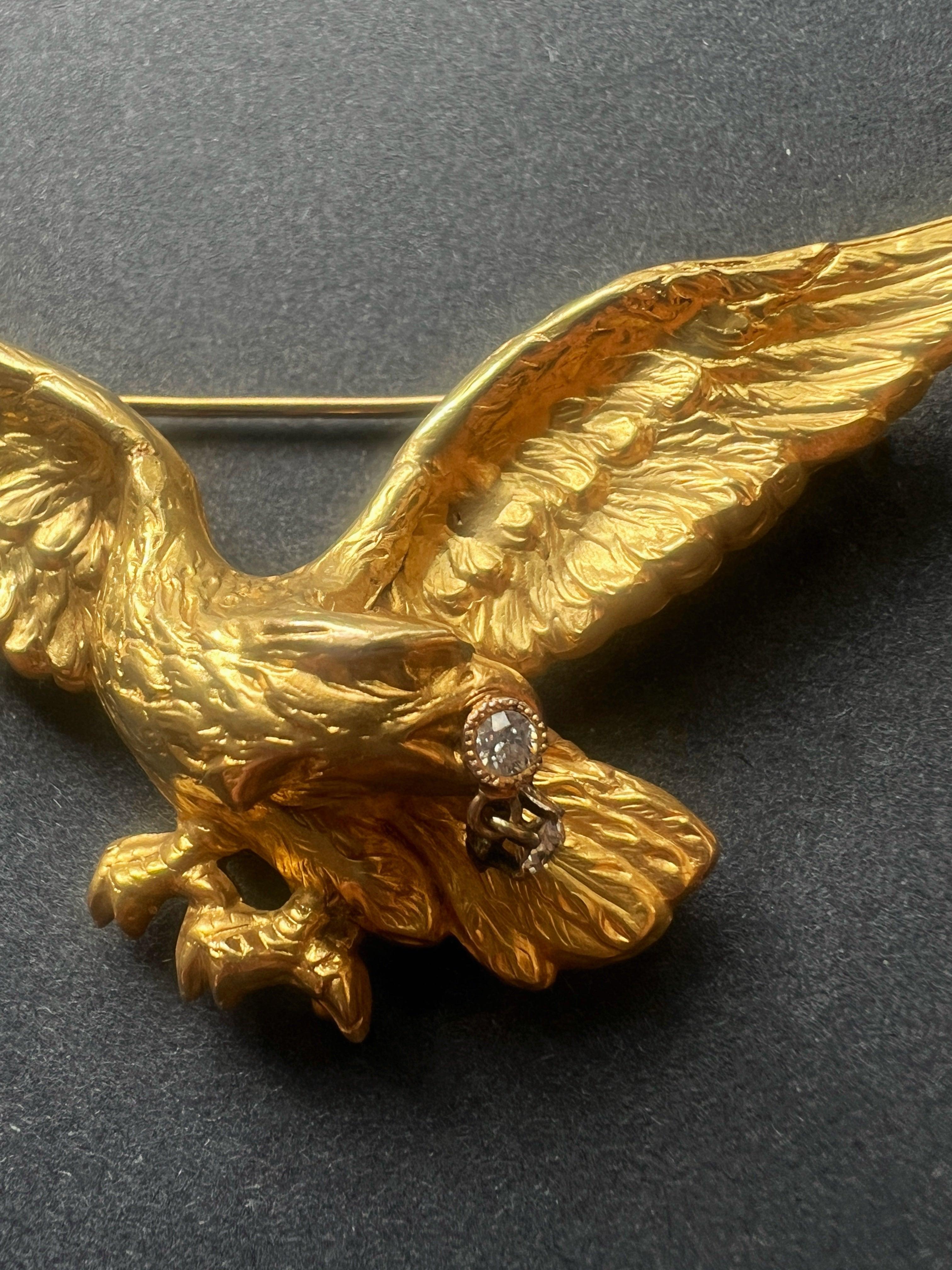 Large French Art Nouveau 18K gold diamond eagle brooch - Curiously timeless